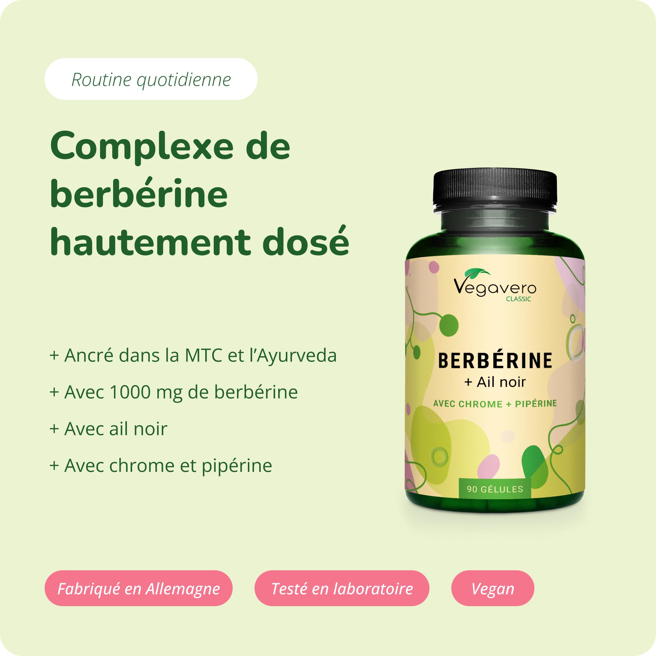 Berberine 1032 mg | Avec Ail Noir, Chrome et Poivre | 3 MOIS | 97% Berbérine HCl | Cholestérol + Métabolisme | 90 Gélules | Sans Additifs | Vegavero®