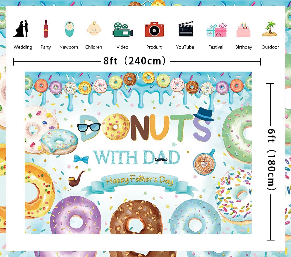 Happy Father's Day Backdrop Donuts with Dad Blue I Love Dads Photography Background Best Dad Ever Family Birthday Party Decorations Banner Photo Props (8x6FT)
