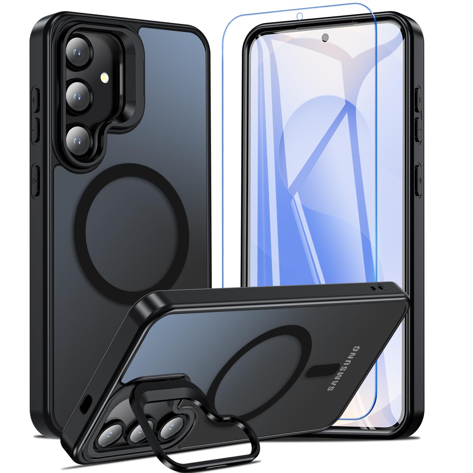 Hensinple Samsung Galaxy S25 Plus/S24 Plus Case with Stand, Magnetic, Screen Protector, Shockproof, Black