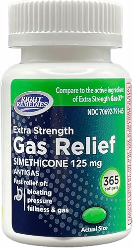Alivio de gas extra fuerte, 125 mg de simeticona (365 cápsulas blandas), alivio rápido del gas, hinchazón, plenitud, malestar doloroso, comparado