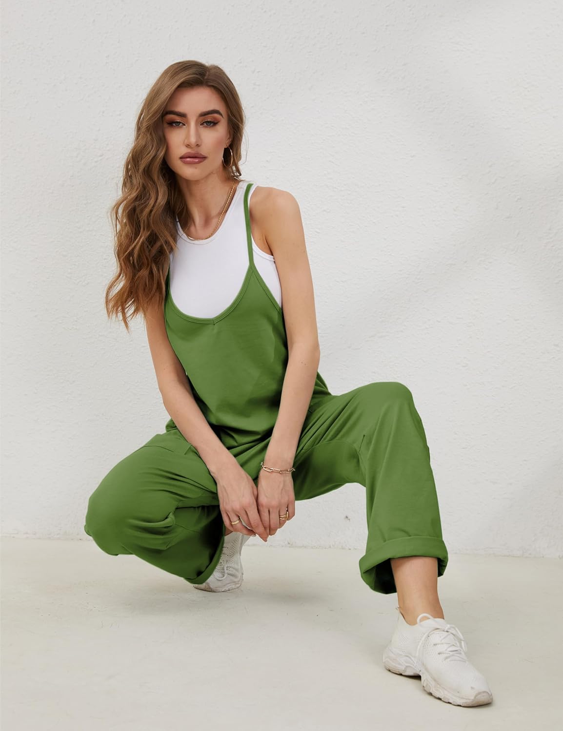 Lentta Women's Causal Jumpsuits V Neck Sleeveless Harem Overalls Stretchy Adjustable Strap Romper with Pockets - Image 7