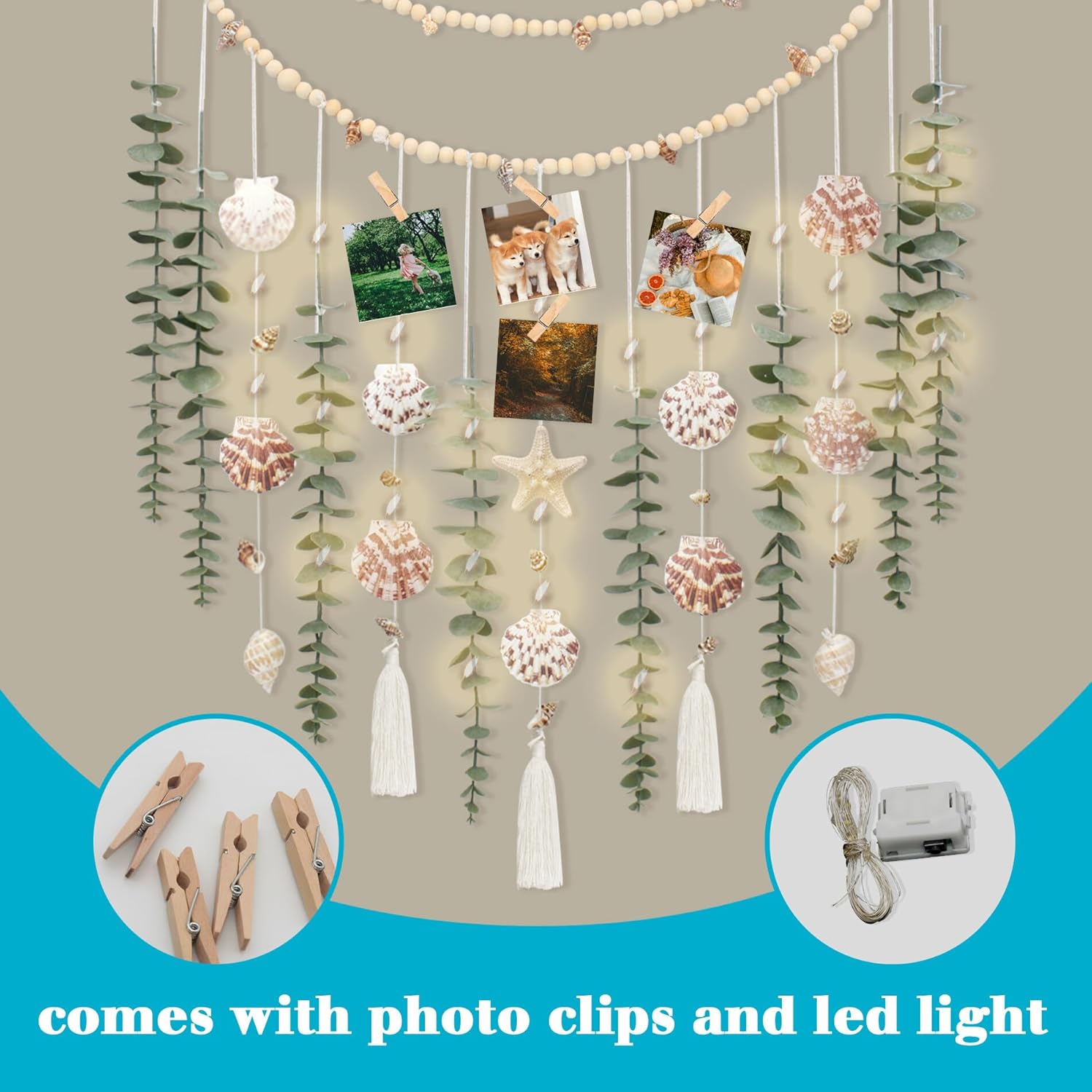 Artificial Eucalyptus Wall Decor with Seashell Coastal Decor Natural Home Decorations Hanging Wooden Bead Garland for Large Bedroom Bathroom Living Room, 32 x 32 Inch