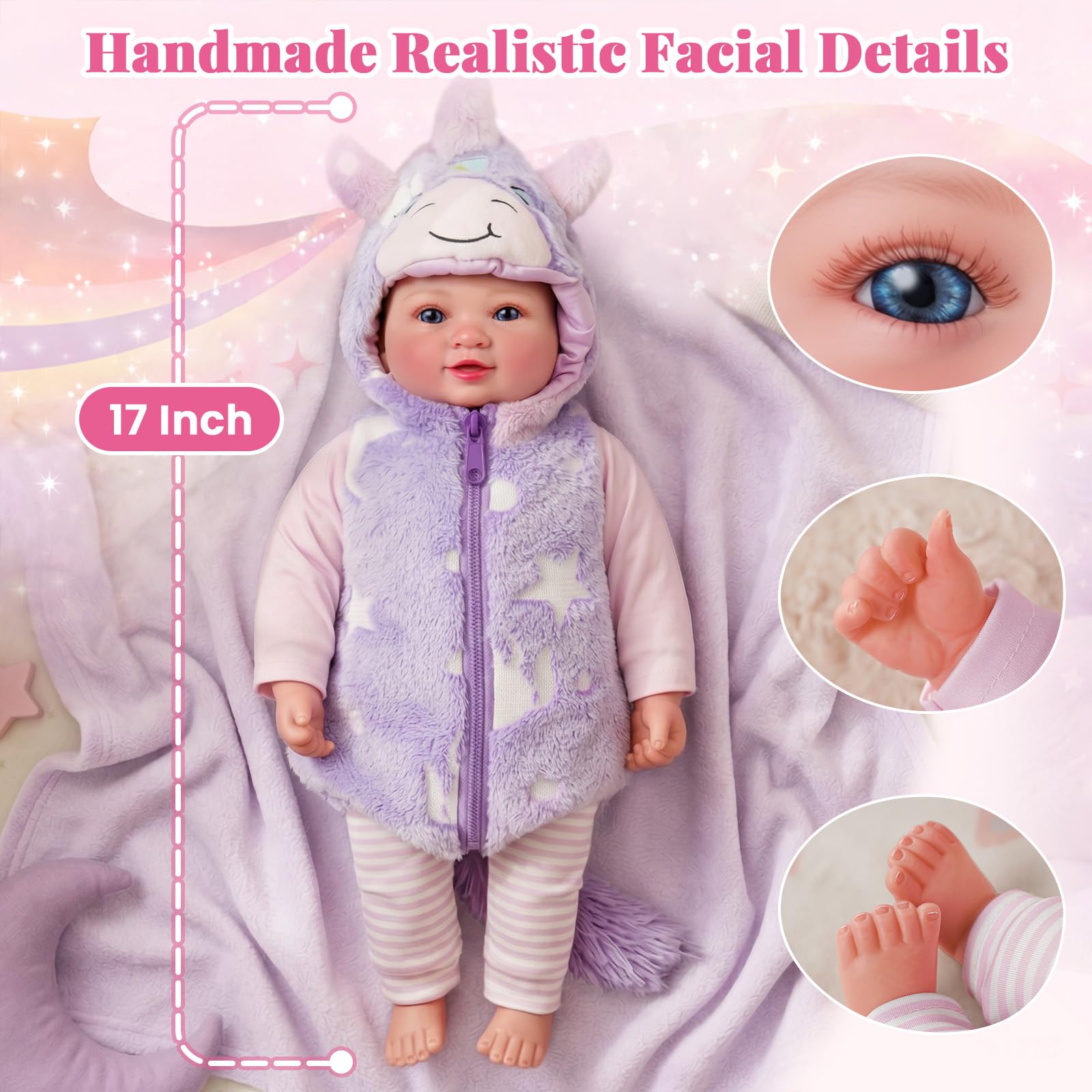 BABESIDE 17 Zoll Puppe Mädchen, Realistische Vinyl Gliedmaßen | Reborn Puppe Realistischer Look, Weich Kuschelig, Bewegliche Gliedmaßen, Zubehör im Set