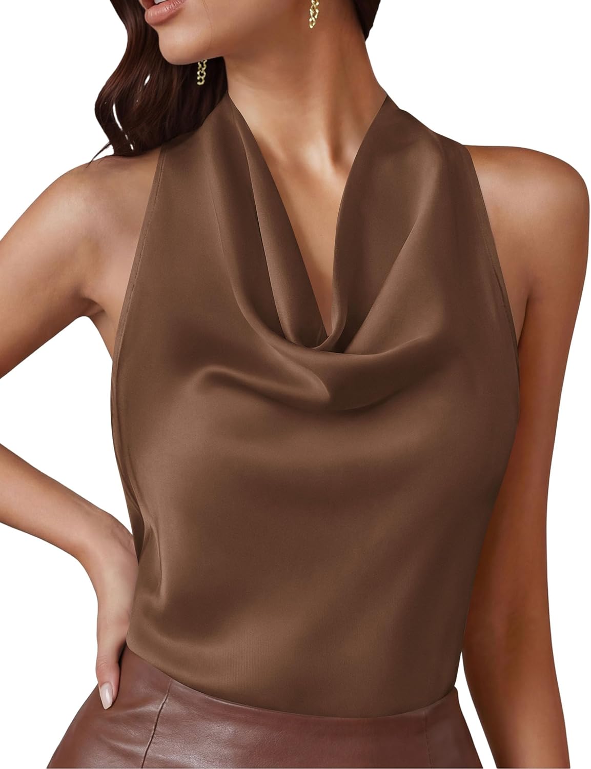 PRETTYGARDEN Silk Satin Halter Tops for Women Summer 2026 Cowl Neck Tie Back Going Out Sleeveless Business Casual Tank Top