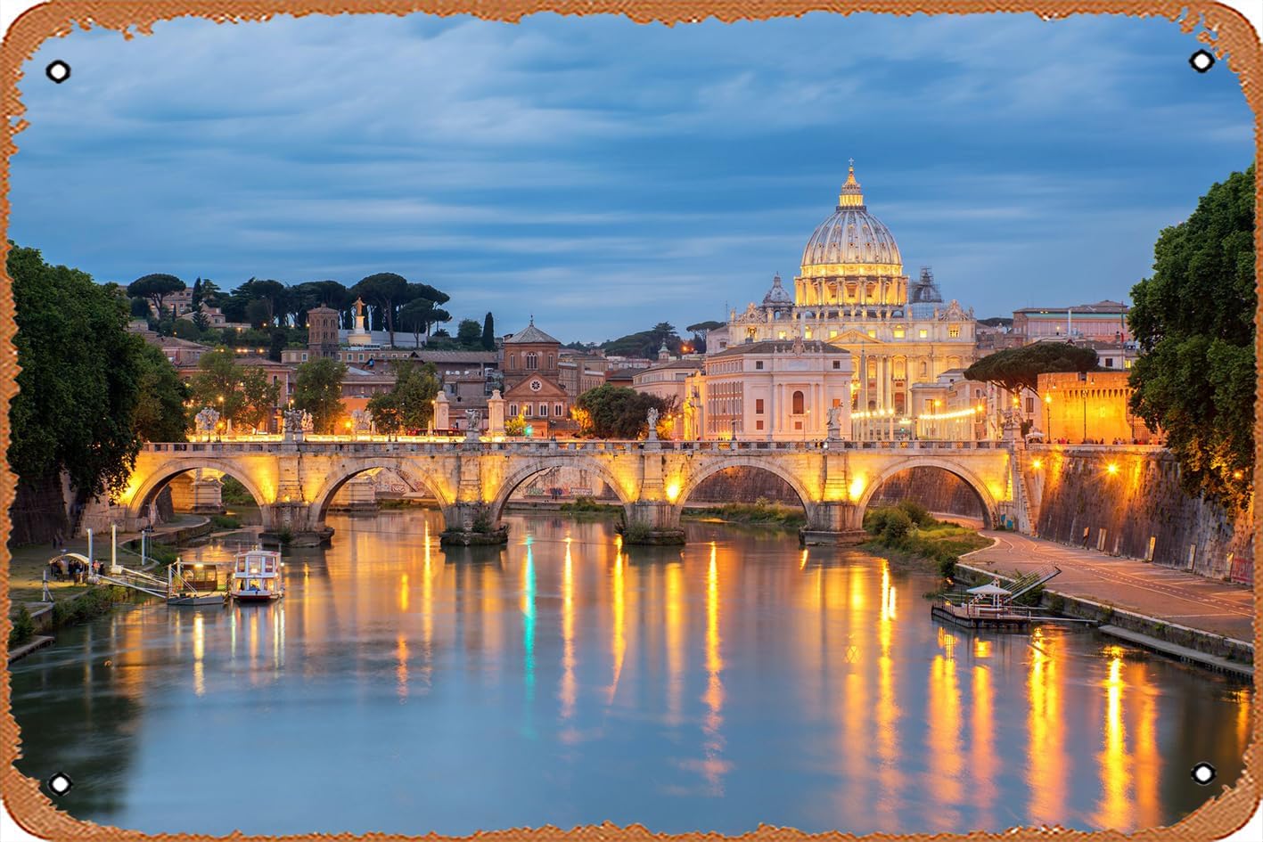 Vatican Saint Peters Basilica And Ponte Sant Angelo Bridge Of Angels On Tiber River Rome Italy Sunset Photo - Poster Retro Metal Sign Vintage Tin Sign for Bar Man Cave Cafe Office Home Wall Decor Gift