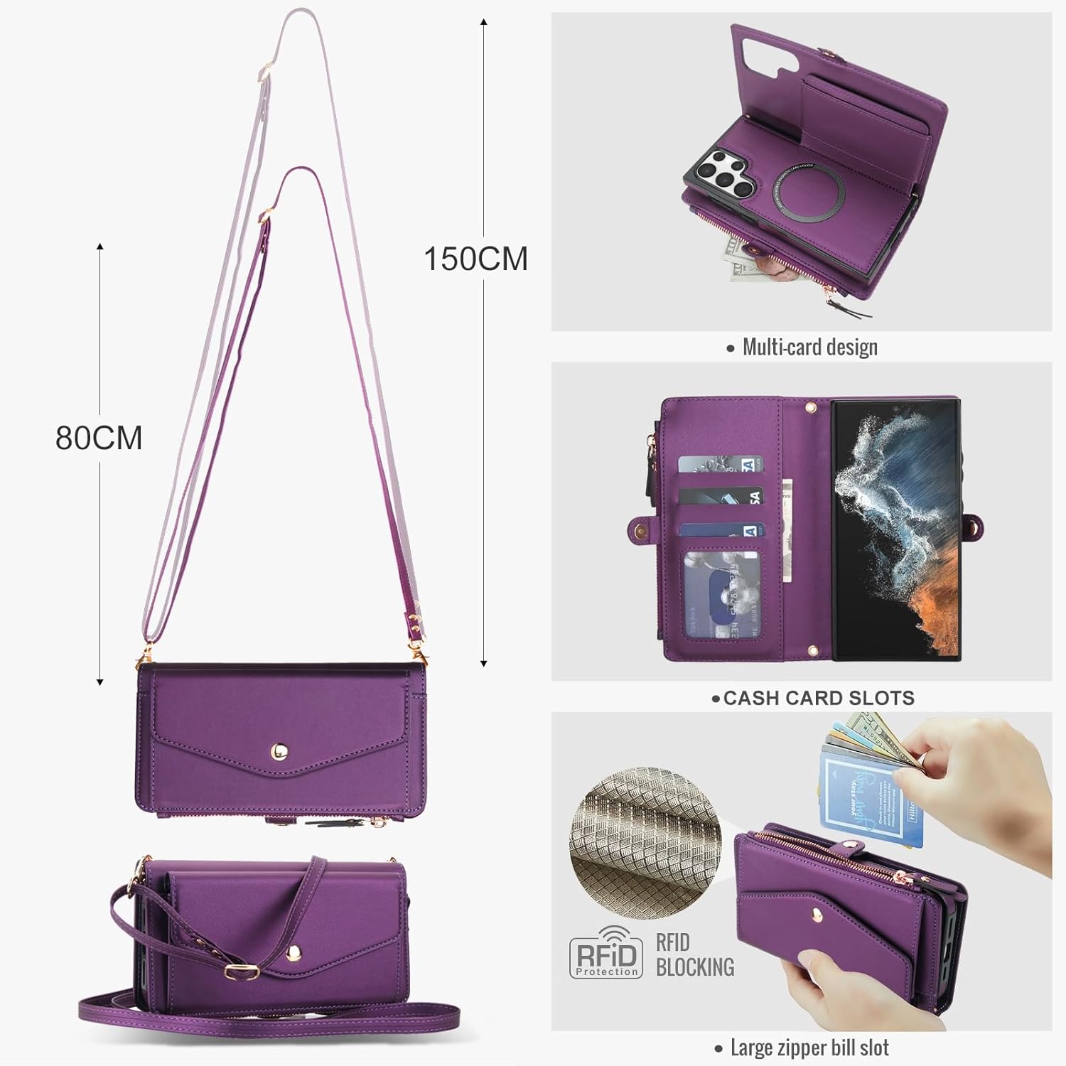 Phone Case for Samsung Galaxy S22 Ultra 5G Wallet Cover Compatible with Magsafe RFID Screen Protector Crossbody Lanyard Strap Flip Card Holder Slot Zipper S22ultra 22S S 22 S22ultra5g 6.8 Dark Purple
