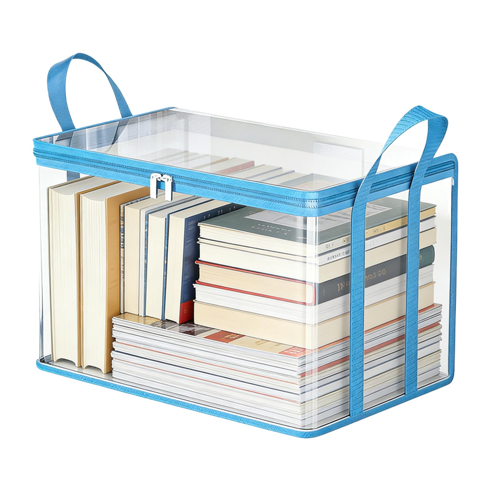 Clear Book Storage Bag with Reinforced Handles - Heavy Duty Plastic Comic Book Organizer & DVD Storage Bin - Collapsible Media Tote with Zipper Lid for Books, Journals and Albums - 15" x 9.5" x 12.5"