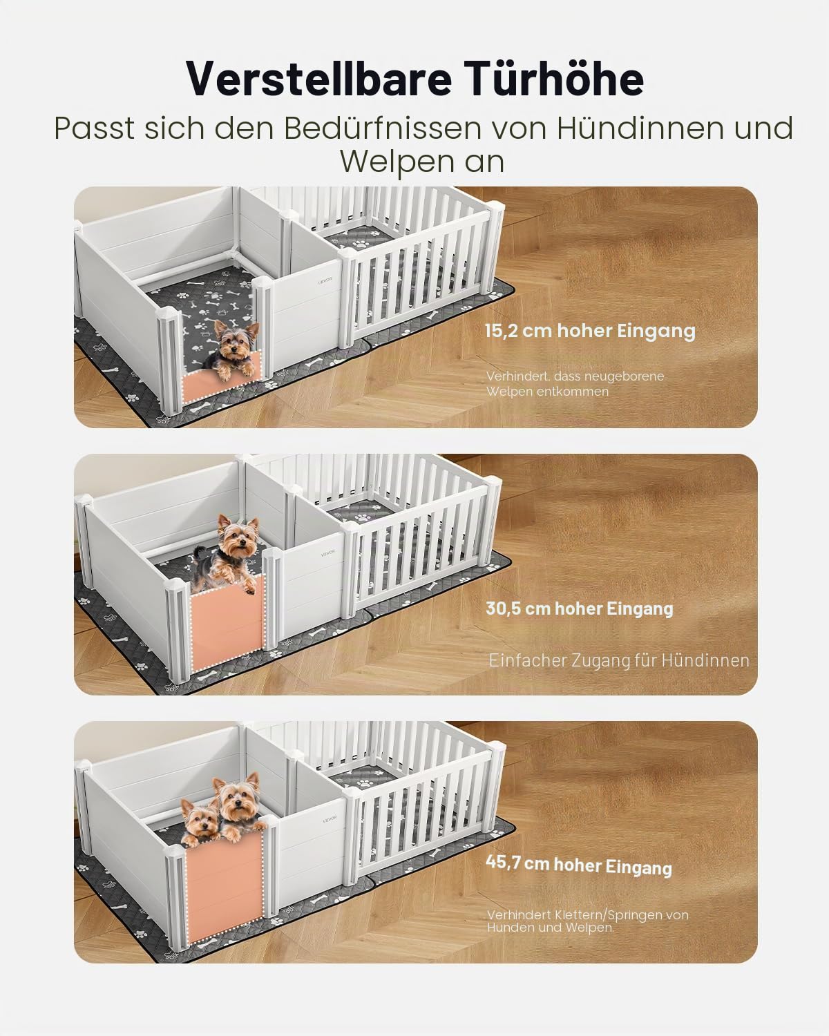 VEVOR Wurfkiste für Welpen, 186,5x97x50 cm, Hundelaufstall, mit höhenverstellbarer Tür, Welpenlaufstall, waschbarer PIPI-Unterlage, Wurfbox aus PVC-Kunststoff für mittelgroße Hunde