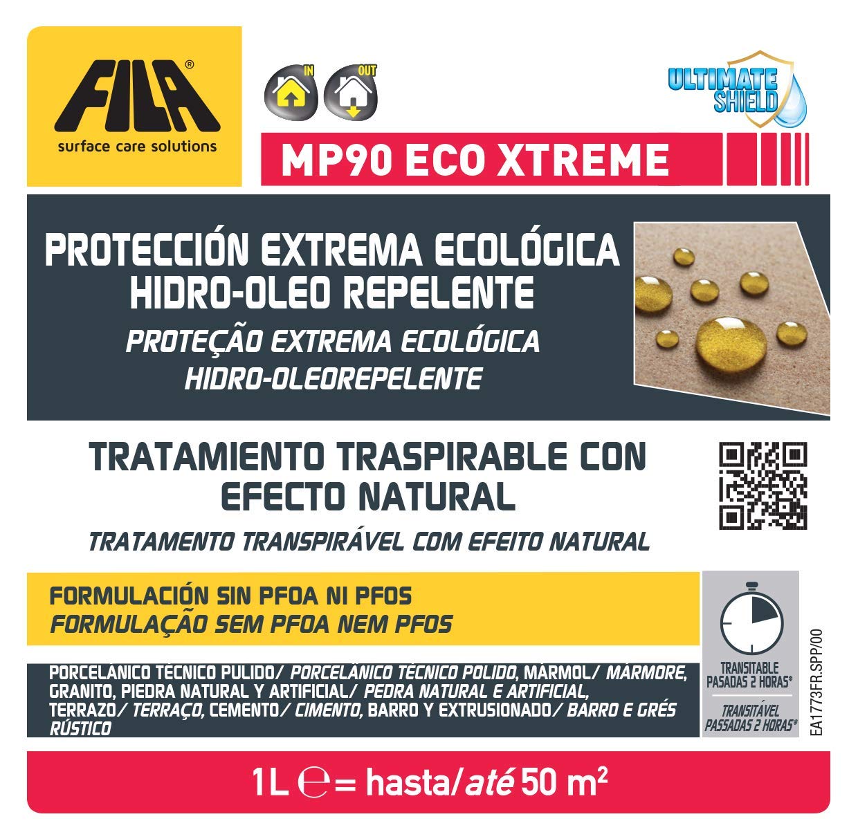 Fila Surface Care Solutions MP90 Eco Xtreme, Protector para Piedra, Mármol, Caliza, Granito, Cemento, Porcelánico Técnico Todomasa, Crea un Protección Ecológica, Manchas Grasientas, 1L