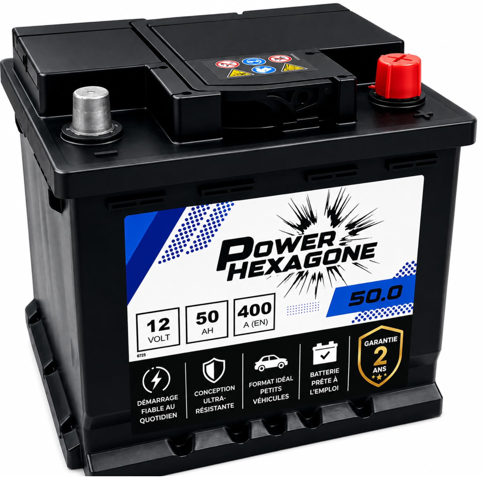 Batterie Voiture 12V 50Ah L1 - Démarrage 400A - Qualité Origine constructeur - Batterie Auto Sans Entretien prête à l’emploi - Remplacement équivalent - Livraison rapide Power Hexagone