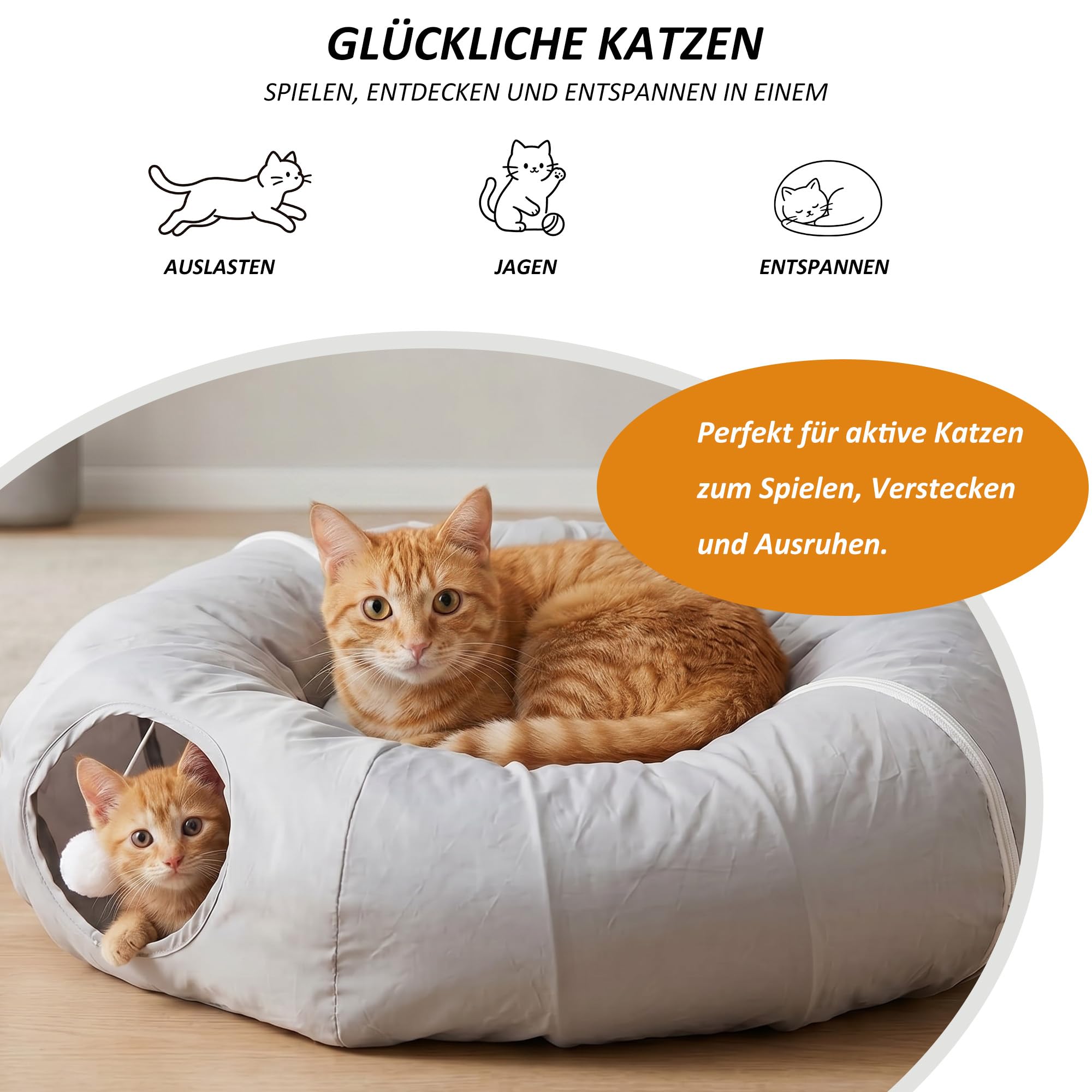 CALIYO Katzentunnel Rund 360° Katzen Tunnel, Katzenspielzeug Für Indoor, Faltbarer Cat Tunnel Mit Matte, Katzen Spielzeug (Grau)
