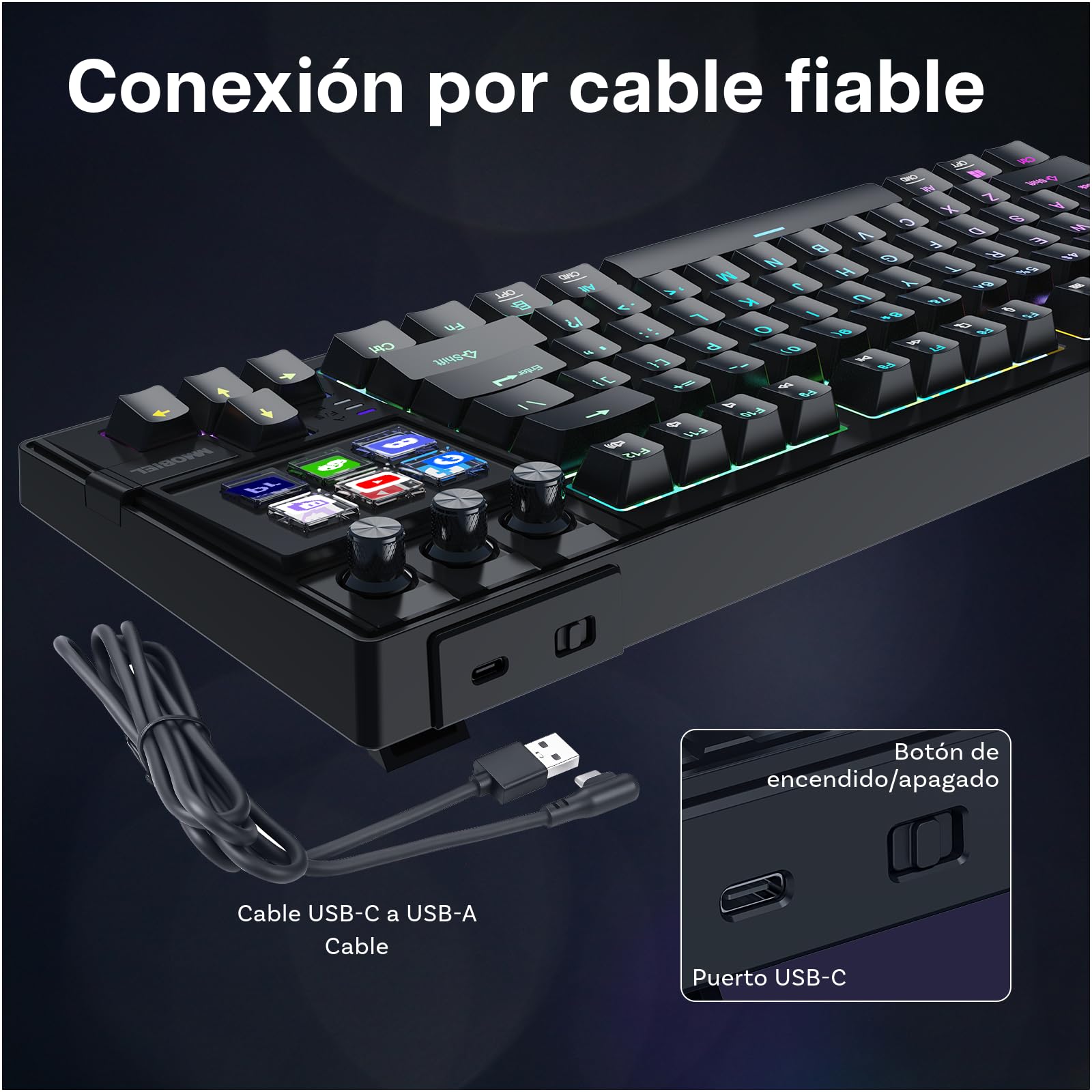 MMOBIEL Teclado Mecánico para Stream Deck Teclado QWERTY RGB Hot-Swappable con 6 Teclas Macro LCD Programables y 3 Diales de Control para OBS, Streaming, Edición de Video – para Windows/macOS