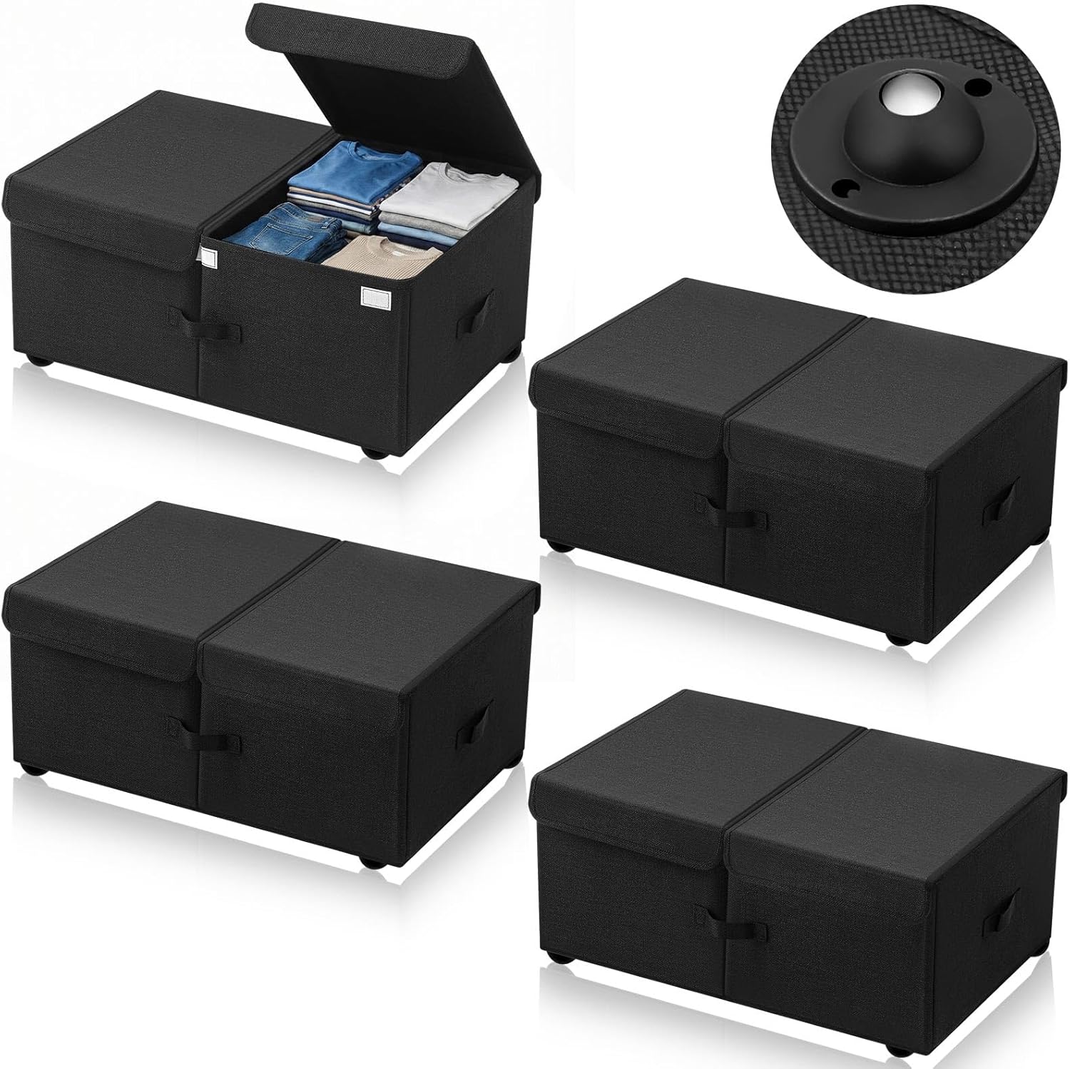 Geelin 4 Pcs Under Bed Storage with Wheels 10" High Underbed Containers with Lids Large Rolling Under Bed Organizer with Handles Underbed Clothes Storage Bins for Clothes Blankets Shoes (Black,24'' L)