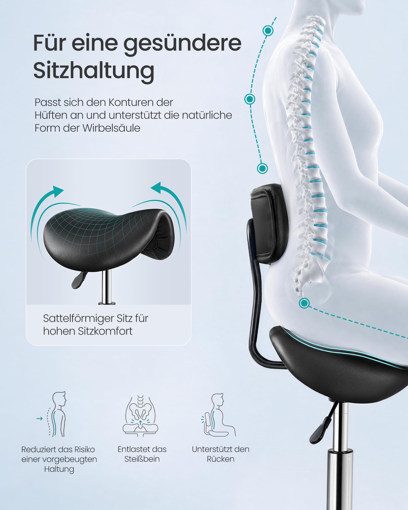 SONGMICS Sattelhocker ergonomisch, Rollhocker höhenverstellbar 360° drehbar, PU, mit Rückenlehne, tintenschwarz
