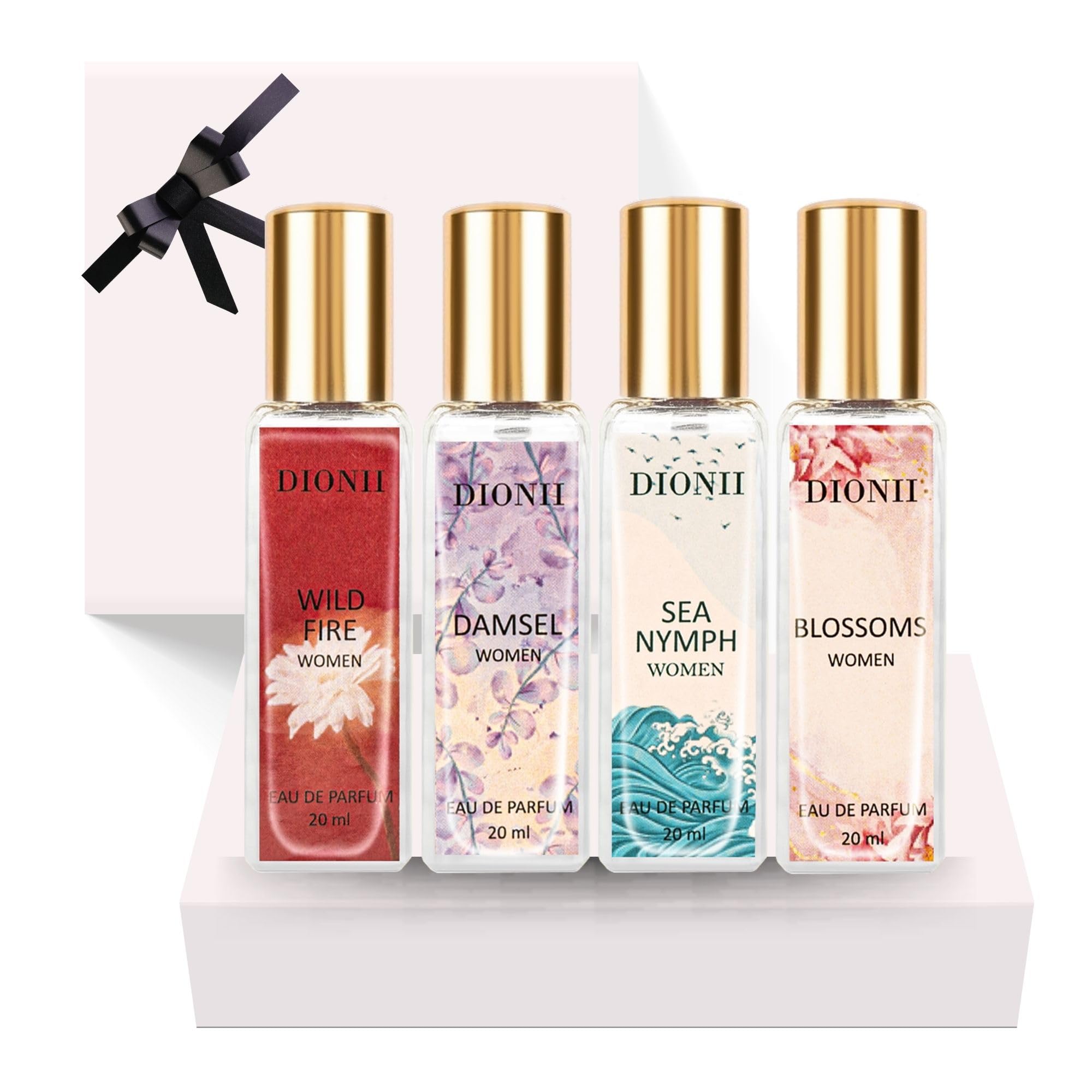 Dionii Eau De Parfum Gift Set for Women | BLOSSOMS, WILD FIRE, SEA NYMPH, DAMSEL Perfume Set | Long Lasting Fragrance (4 x 20ml Each)