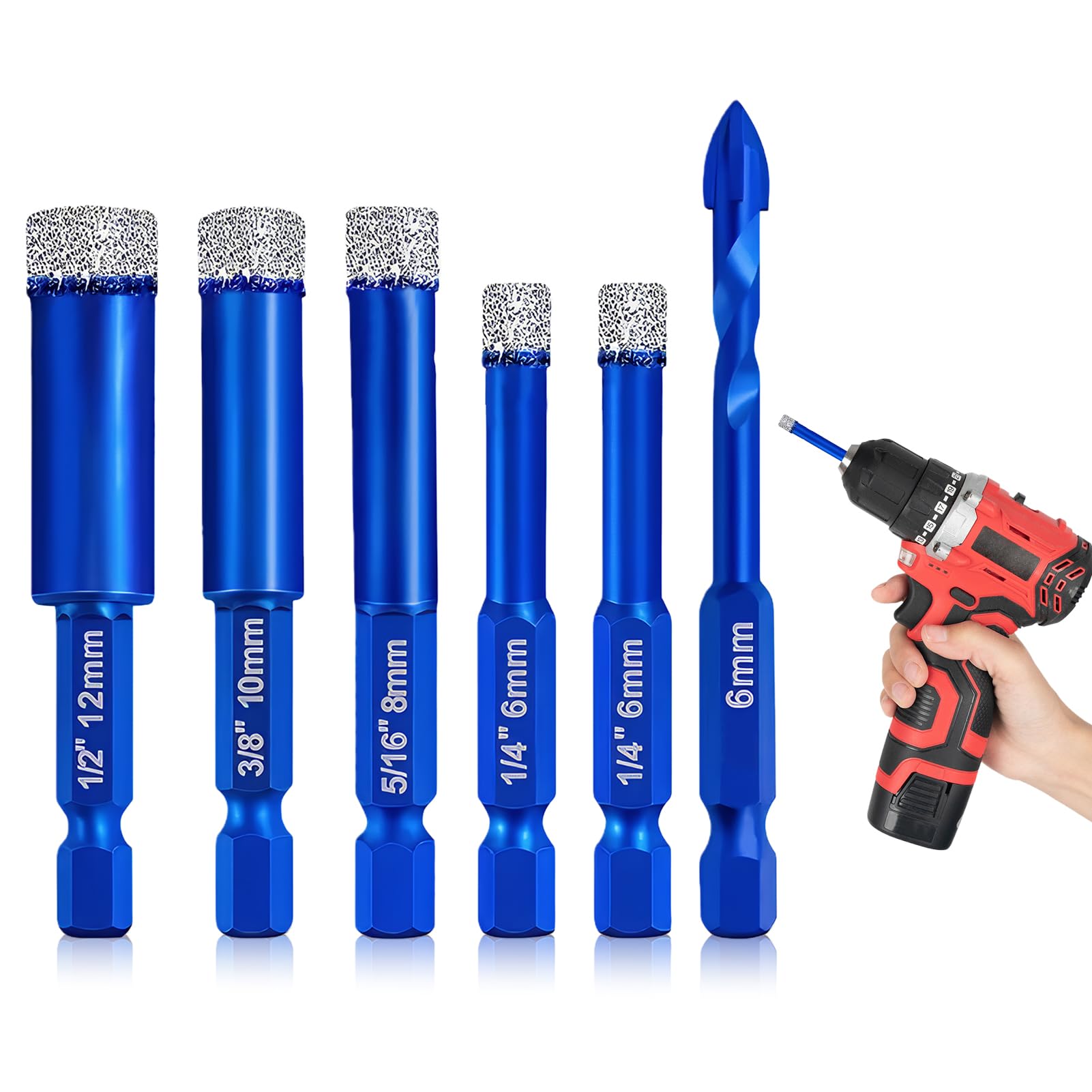 Drill Bit Sets, 6pcs Masonry Porcelain Tile Drill Bits 6mm 8mm 10mm 12mm Diamond Concrete Masonry Drill Bit Set 6mm Tile Hex For Ceramic Stone Marble Glass Granite