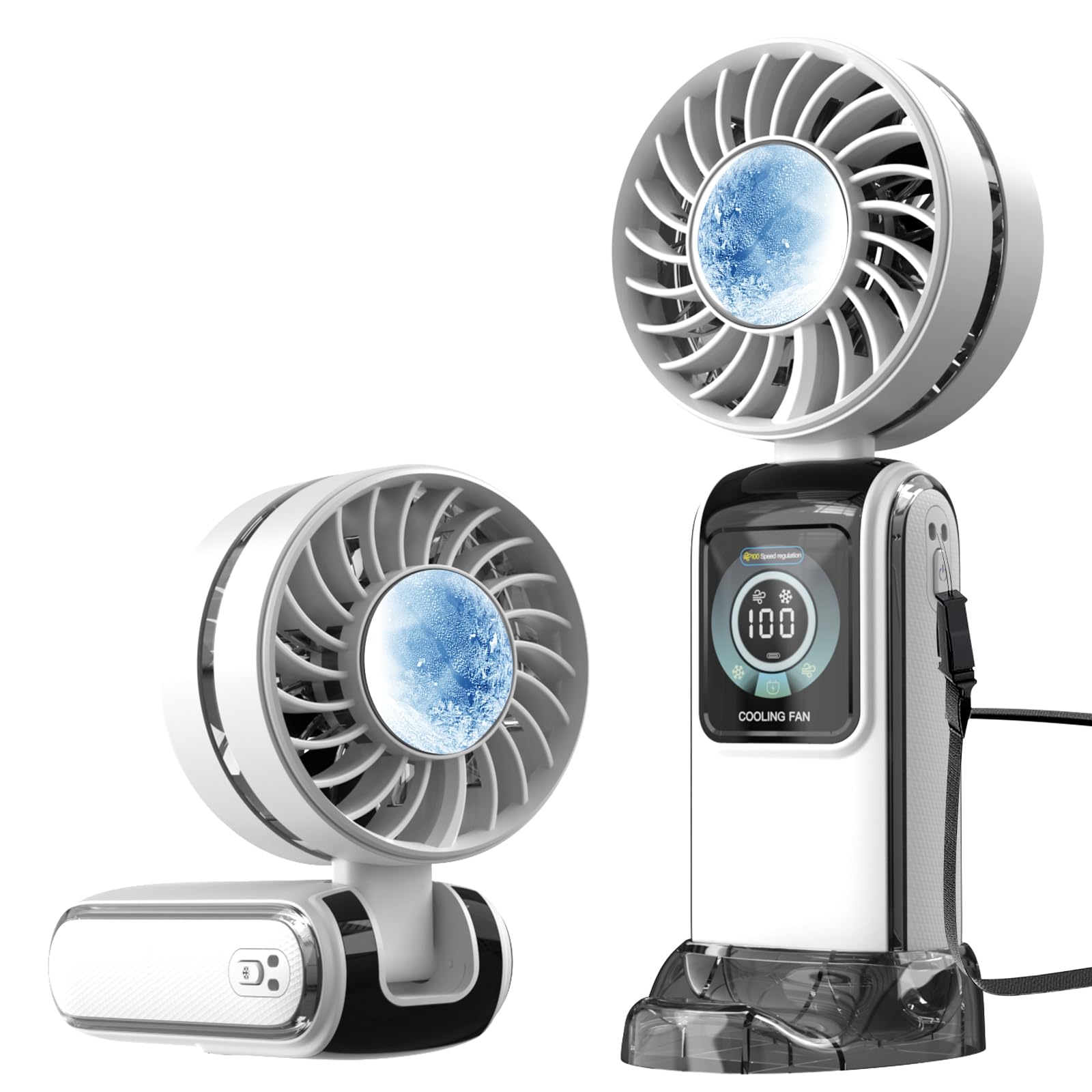 RaMokey Handheld Fan Rechargeable, 5 Speeds Portable Turbo Fan with Ice Cooling, Foldable Small Personal Fan, USB Electric Mini Fan for Travel Home Office Outdoor – White