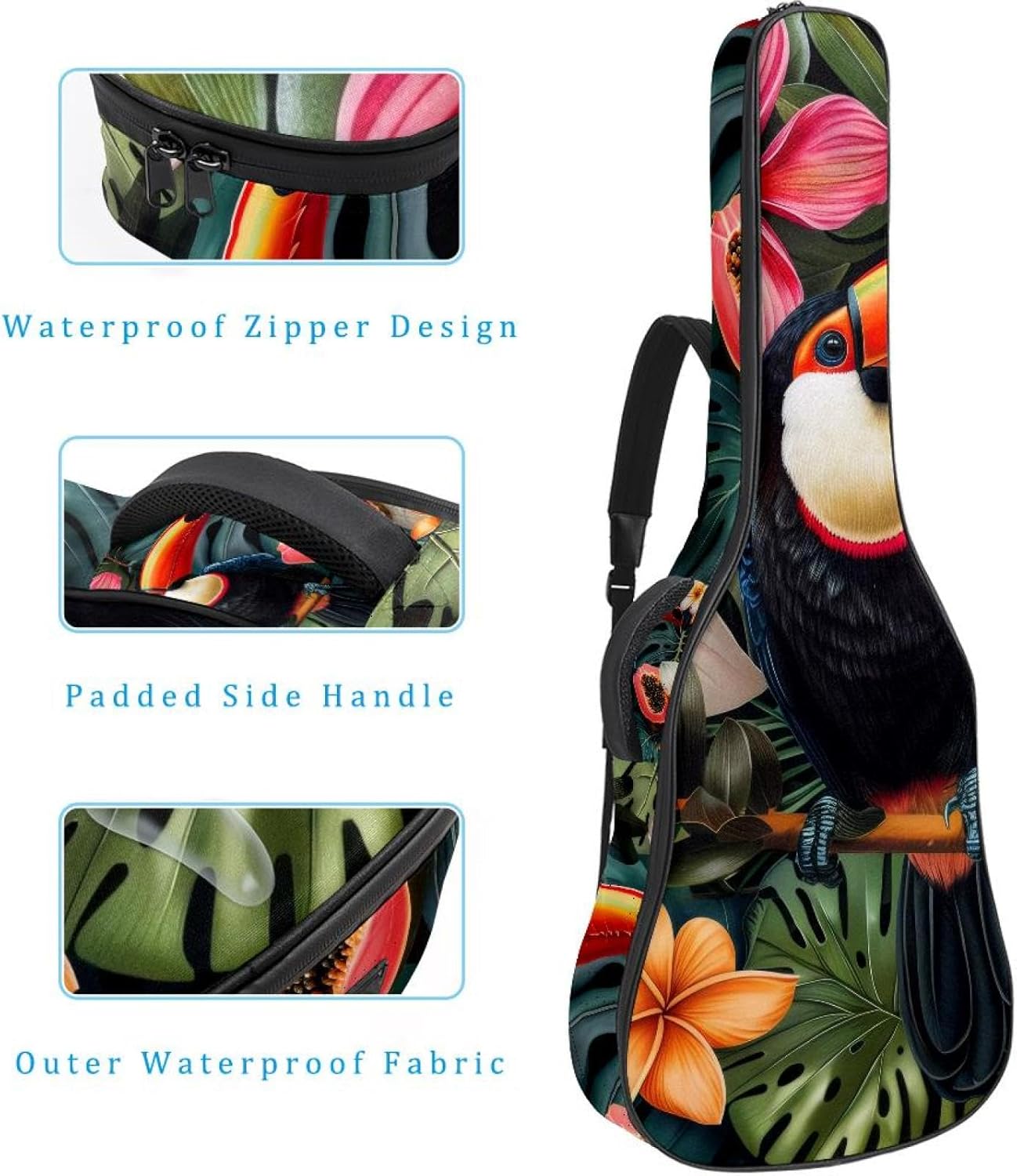 Tropical Exotics Flowers with Toucan Acoustic Guitar Gig Bag, 1 cm Thick Padding Waterproof Guitar Bag Backpack for 40 41 42 Inch Electric Bass Classical Guitars