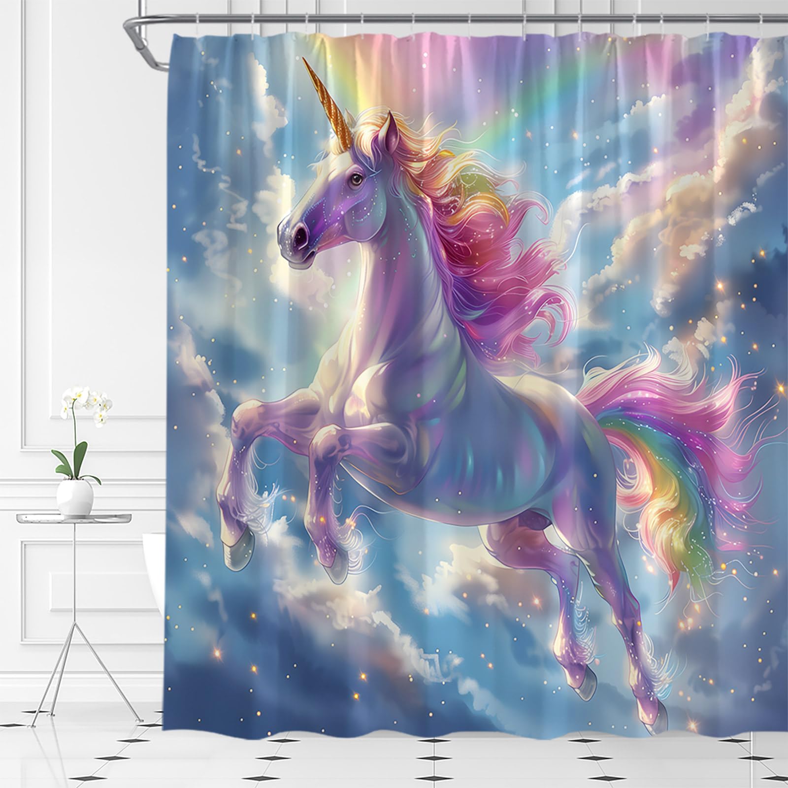 AYDSMYD Unicorn Shower Curtain Set - Rainbow Fantasy Design, 70x70 Inches, Includes Hooks