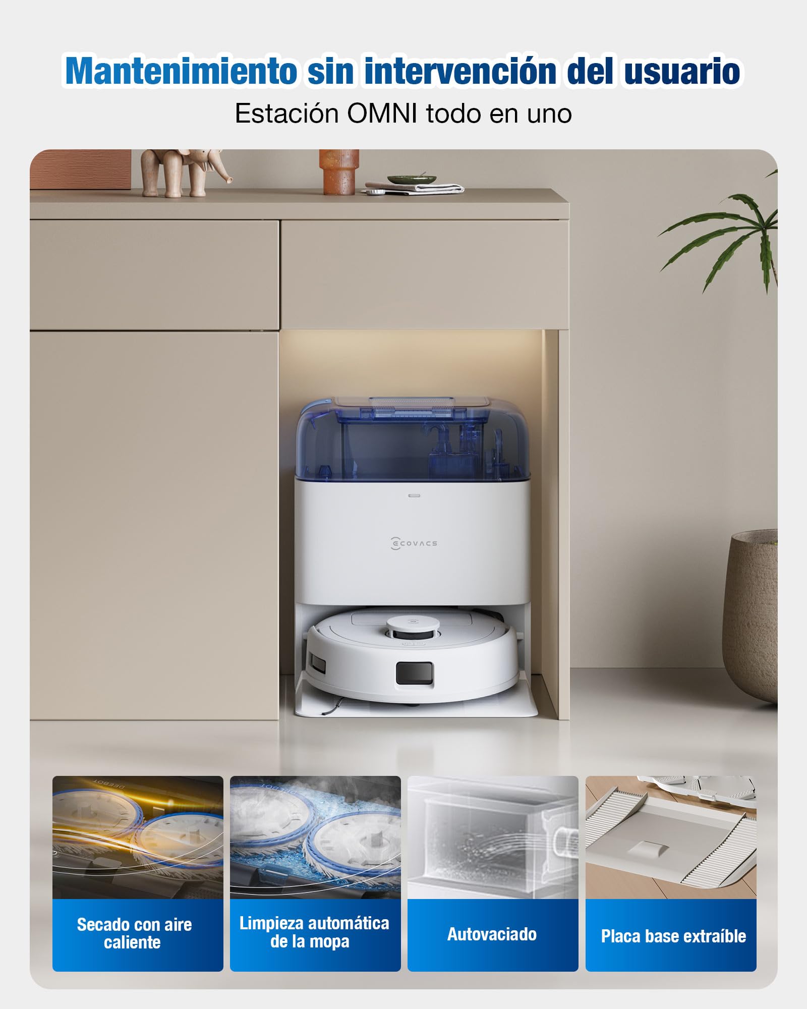 ECOVACS DEEBOT Mini Robot Aspirador y fregasuelos, 9000 Pa | Antienredos ZeroTangle 2.0, TrueMapping 2.0, Secado a 45 ℃, autovaciado, fregado Inteligente, autolimpieza