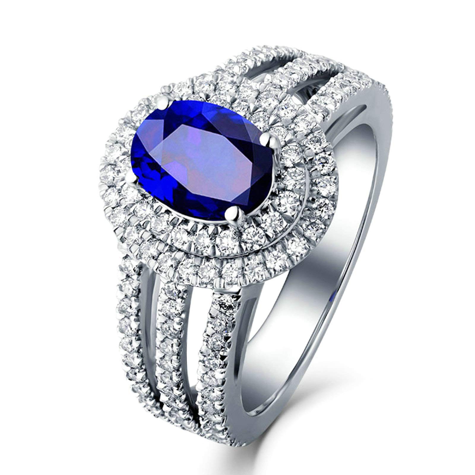 Anillo de mujer de oro 750 de 18 quilates, de compromiso, girasol con zafiro de 1,35 quilates y diamante de 1 ct, anillos de boda para mujer, talla 49 (15,6) 63 (20,1)