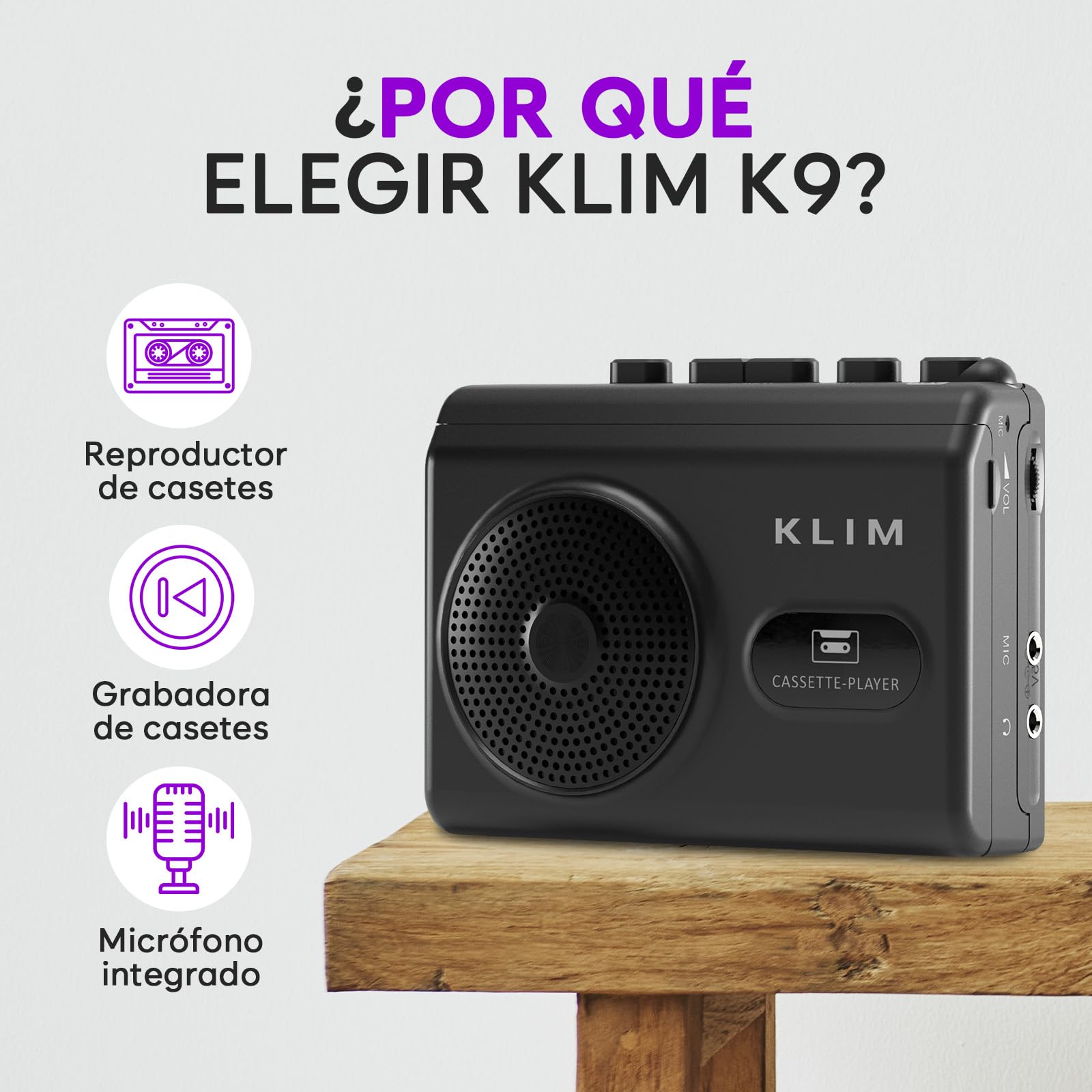 Reproductor Cassette y Grabadora Cassette KLIM K9 – Portátil con Altavoz Integrado, Micrófono, Entrada para Auriculares, Funciona con Pilas AA (Incluidas) o Adaptador AC, Auriculares Incluidos