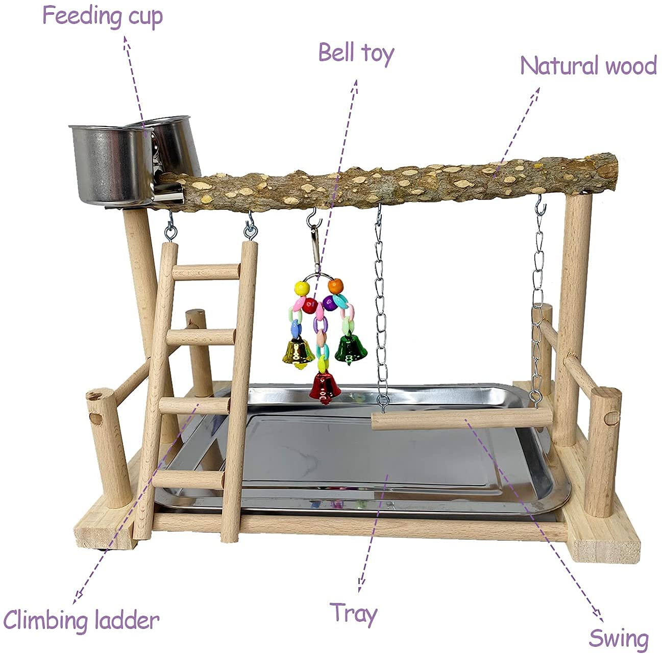 PINVNBY Bird Playground Birdcage Playstand Pet Bird Perch Platform Stand Parrot Play Gym Parakeet Cage Decor Budgie Perch Stand with Feeder Seed Cups Ladder Chew Toys for Small Animals Parrot Parakeet - image 5