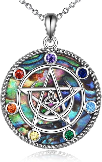 YAFEINI Pentagram Pentacle Necklace 925 Sterling Silver 7 Chakra Pendant Wiccan Star Crescent Moon Necklaces Jewellery Gifts for Women