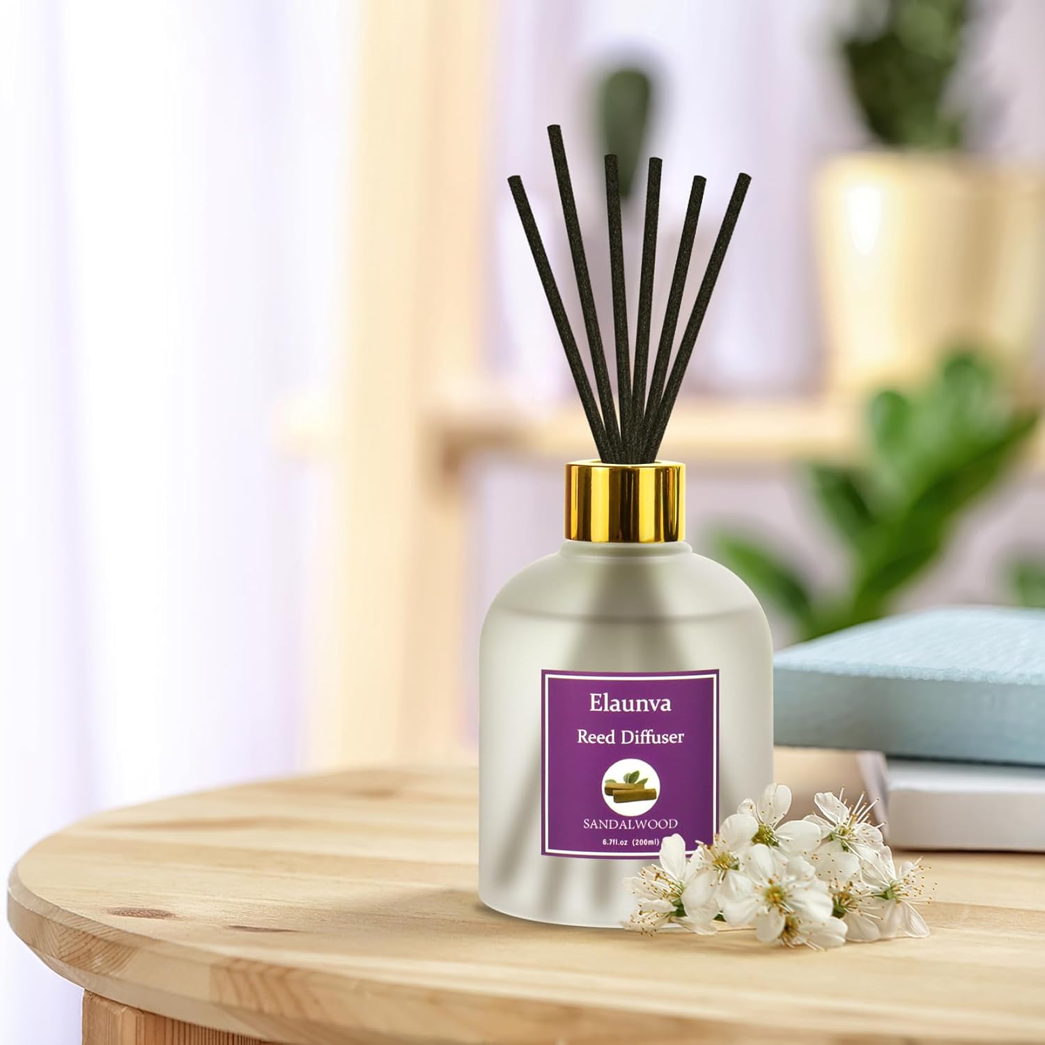Elaunva Jasmine Reed Diffuser Sets,6.7fl oz(200ml) with 8 Sticks,Fragrance/Aromatherapy for Livingroom/Office/Kitchen/Entryway/Bathroom,Gift Set,Shelf Decor, Air Freshener(Sandalwood)