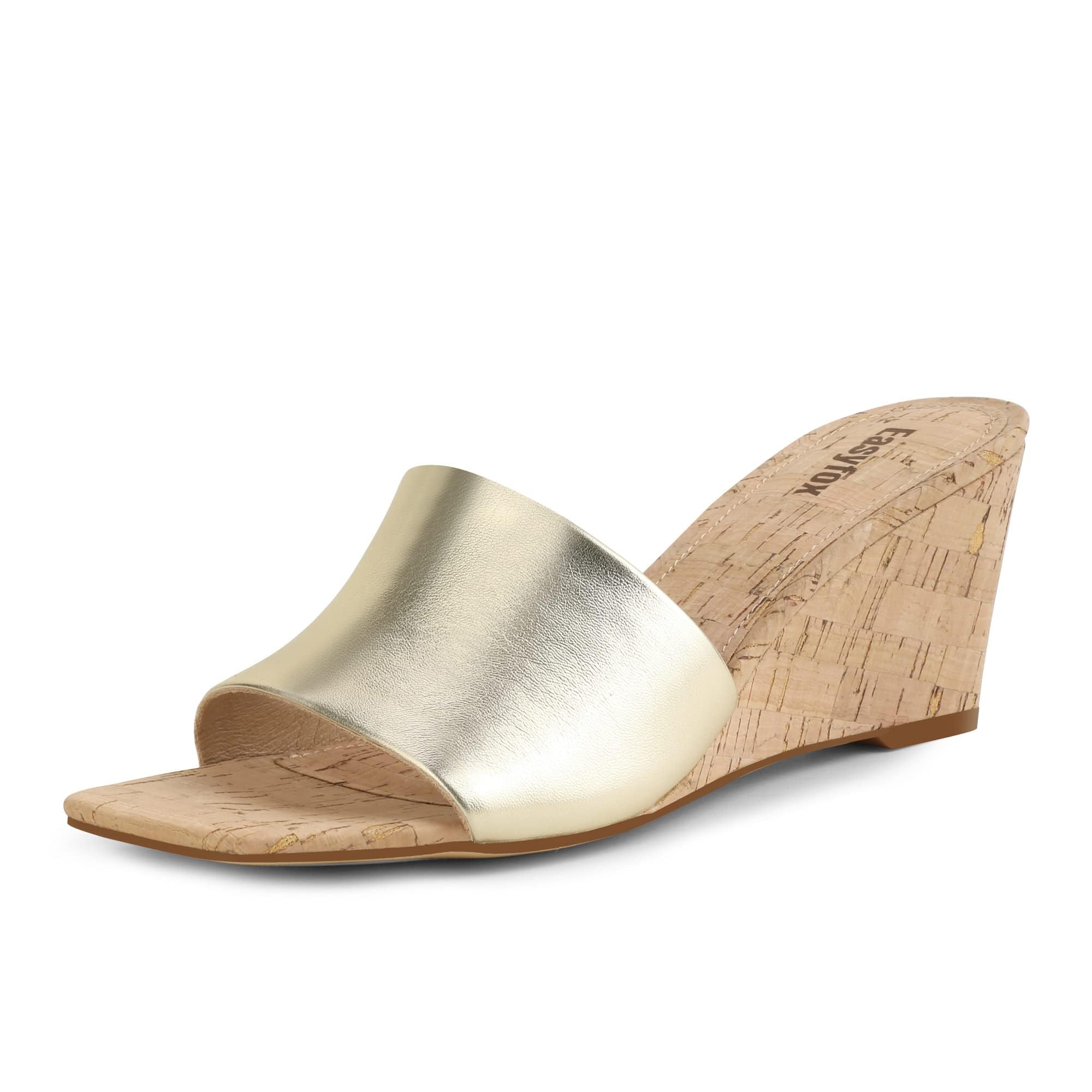 Easyfox Wedge Sandals for Women Open Toe Wedge Heels Womens High Heel Sandal Square Toe Heeled Wedge Sandals Wood Grain Slip on Wedge Mules
