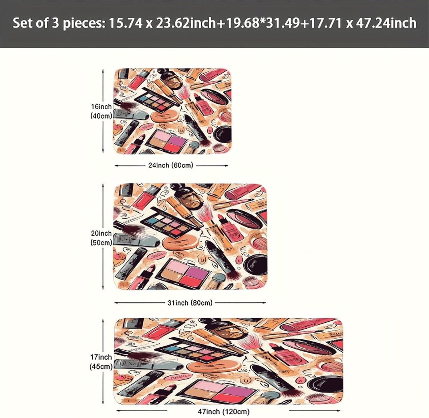Cosmetic and Makeup Theme Pattern Kitchen Rugs Sets of 3 Non Slip Kitchen Mats for Floor Farmhouse Kitchen Sink Mat Thick Comfort Standing Mat for Laundry Room Hallway Bathroom
