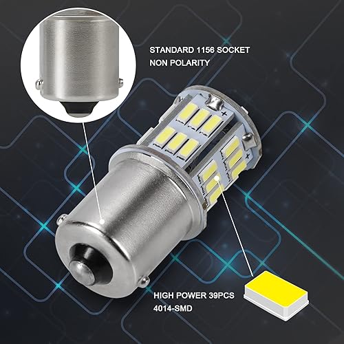 Miniatura 5 de Paquete de 10 bombillas LED superbrillantes 1156 1141 1003 BA15S para automóviles 12V sin polaridad 39-SMD chipsets LED con proyector para luces