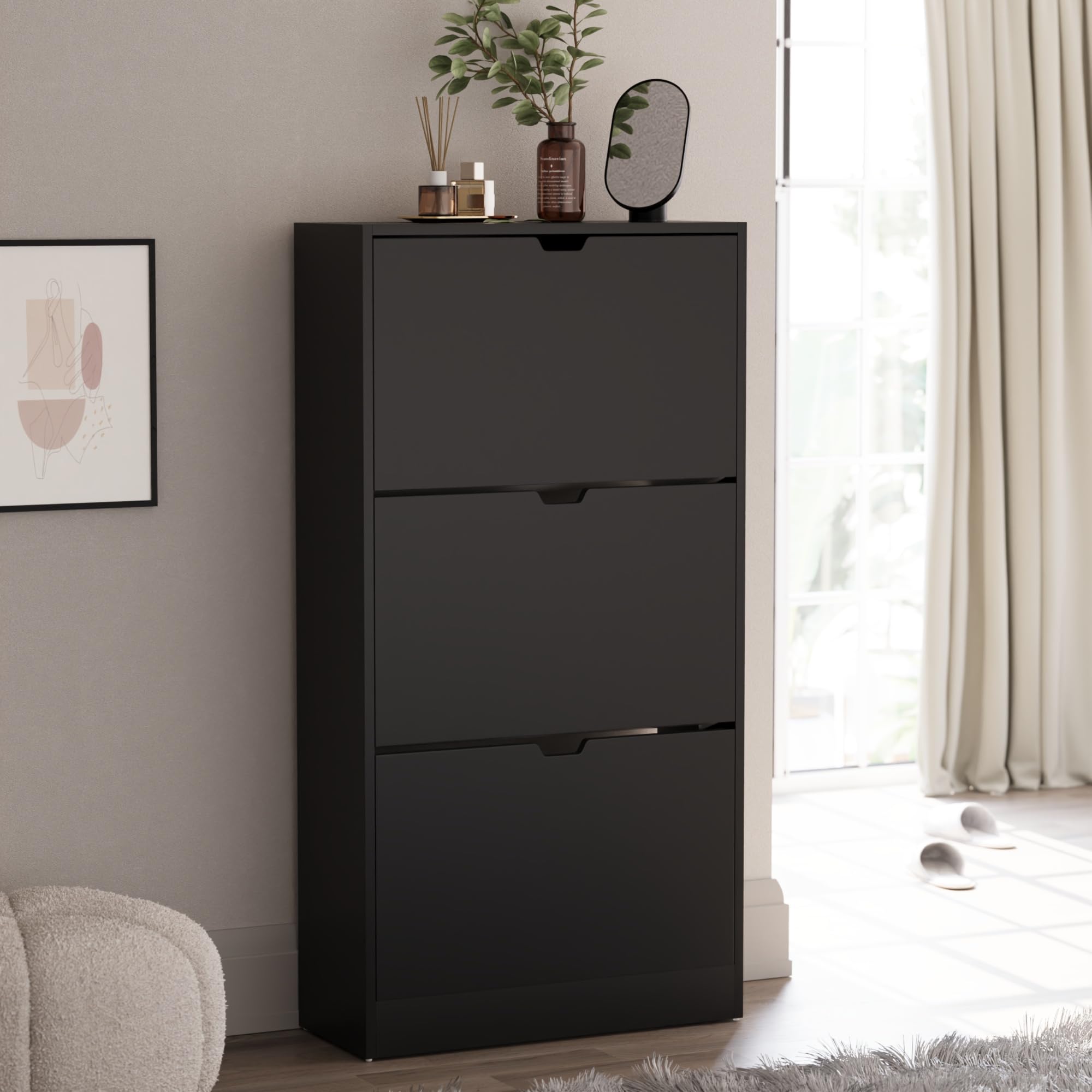 Vida Designs Shoe Cabinet, Wooden Shoe Storage Unit with 3 Flip Drawers, Multifunctional Dust-Proof Space-Saving Slim Cupboard for Hallway or Entryway, 100% FSC Certified (Black)