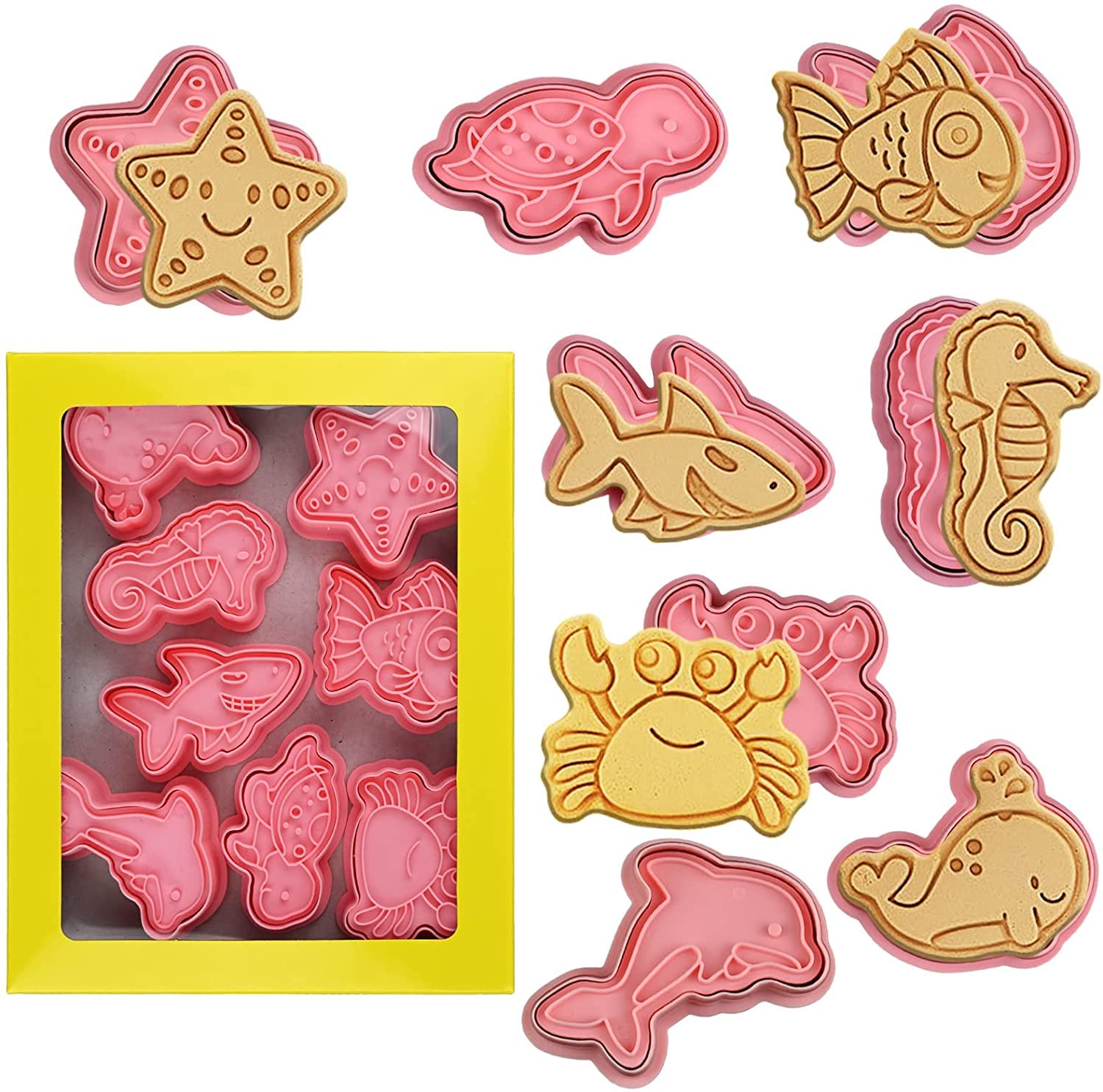 8PCS Marine Animal Cookie Cutters, Ocean Embossing Cookie Cutters with Plunger Stamps Set for Fondant Biscuit Cheese Baking