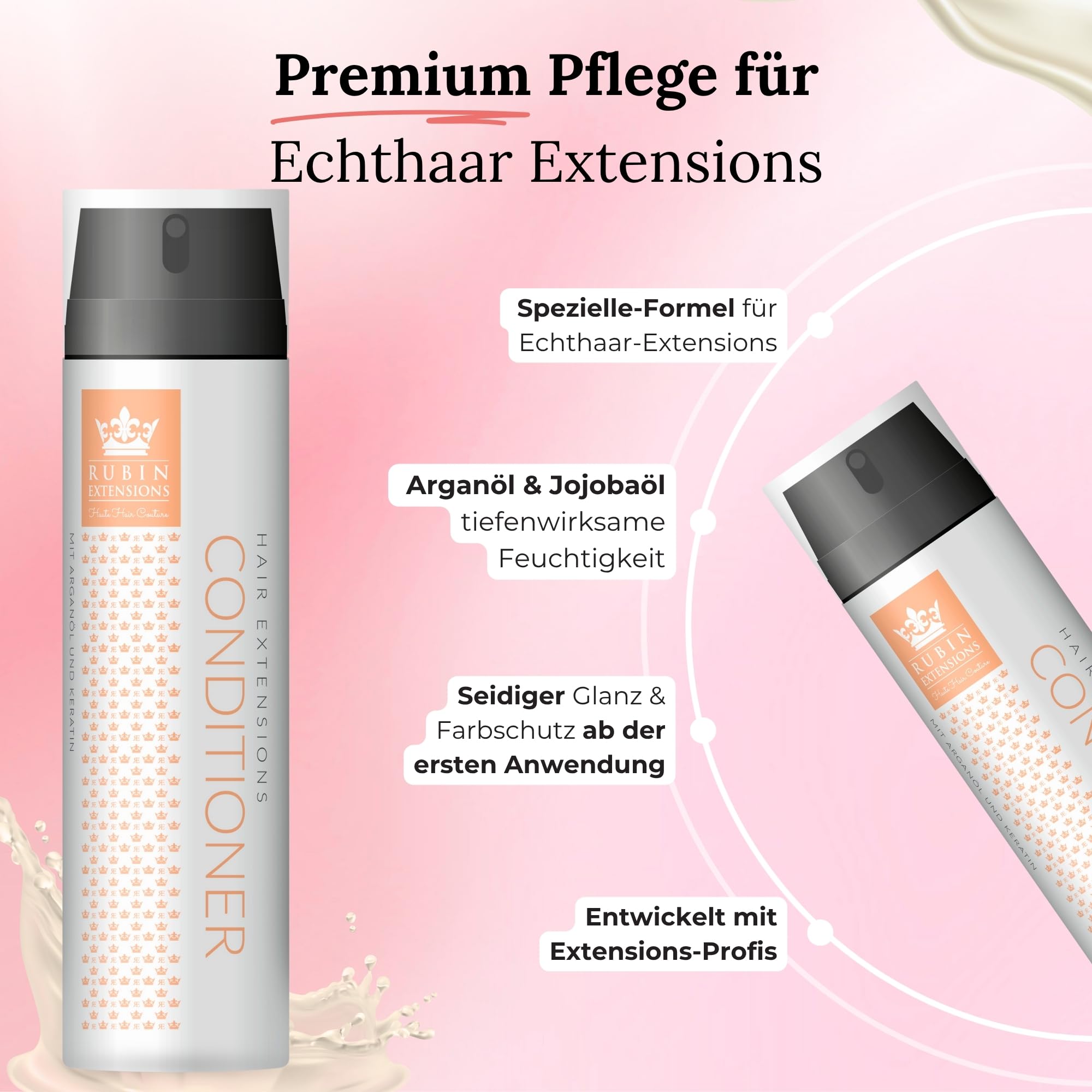 Rubin Extensions Komplett-Pflegeset – Conditioner 200 ml, Shampoo 250 ml, 2‑Phasen Spray 200 ml & Haarserum 50 ml – Extensions Pflege für Haarverlängerungen, Echthaar & Perücken – Sulfatfrei, Keratin