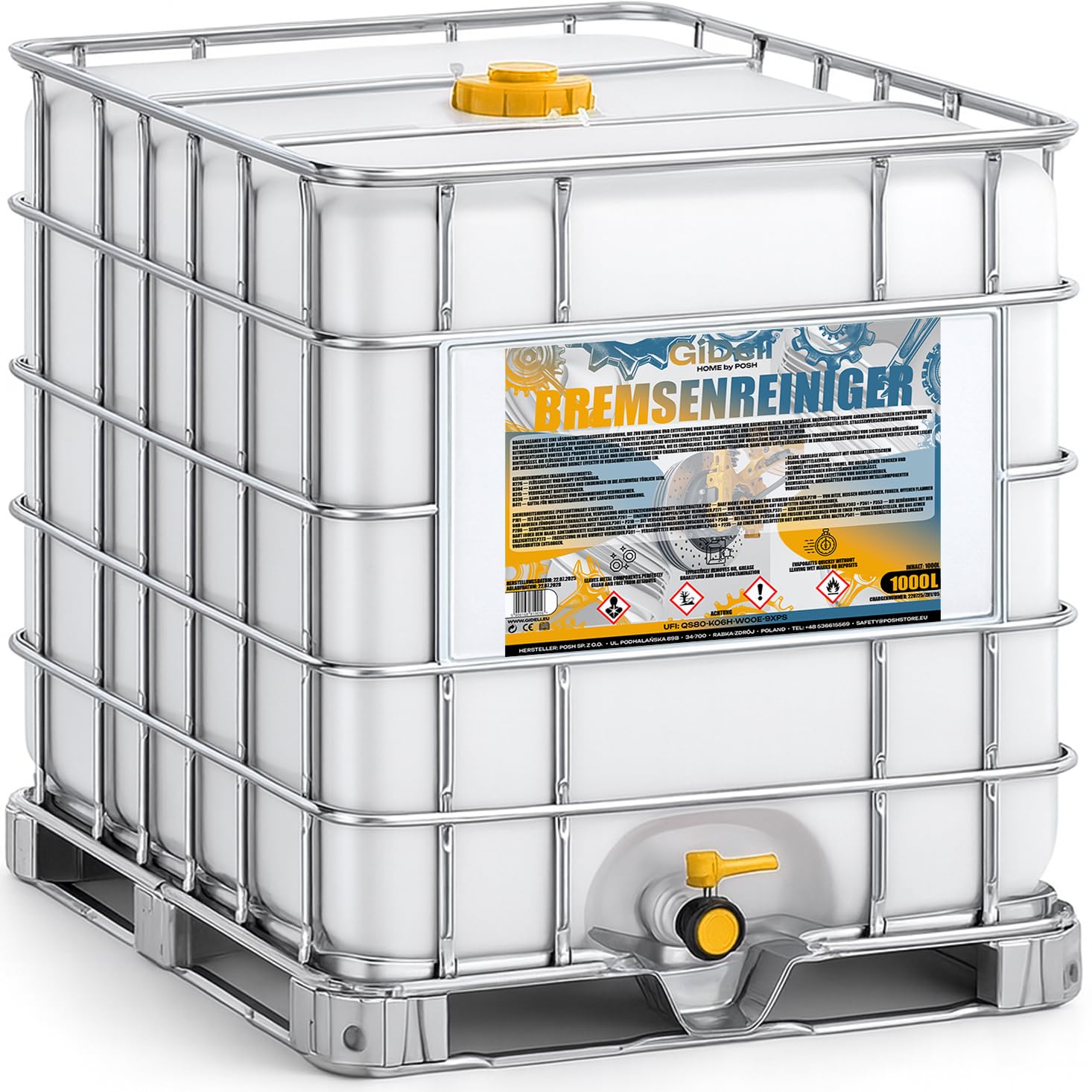GiDeli Bremsenreiniger 1000L -IBC für Auto, Motorrad & Fahrrad - entfernt Öl, Fett, Bremsstaub, Klebereste - Werkstatt-Entfetter, schnell trocknend, rückstandsfrei