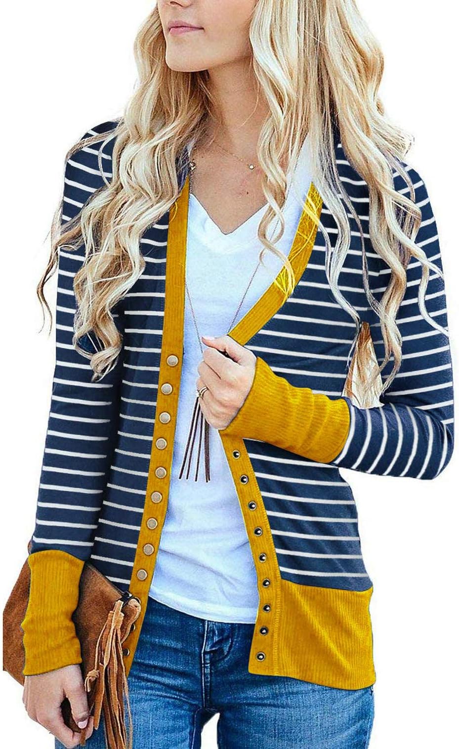 Women's Button Down Knitwear Casual Long Sleeve V-Neck Open Front Striped Cardigan Sweater