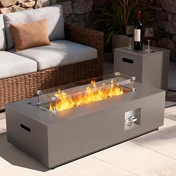 2-Piece 42" Rectangular Propane Fire Pit for Outside Patio with Hidden Tank Table, 50,000 BTU Fireplaces with Glass Wind Guard, Lid, Glass Rocks, CoverSand Beige
