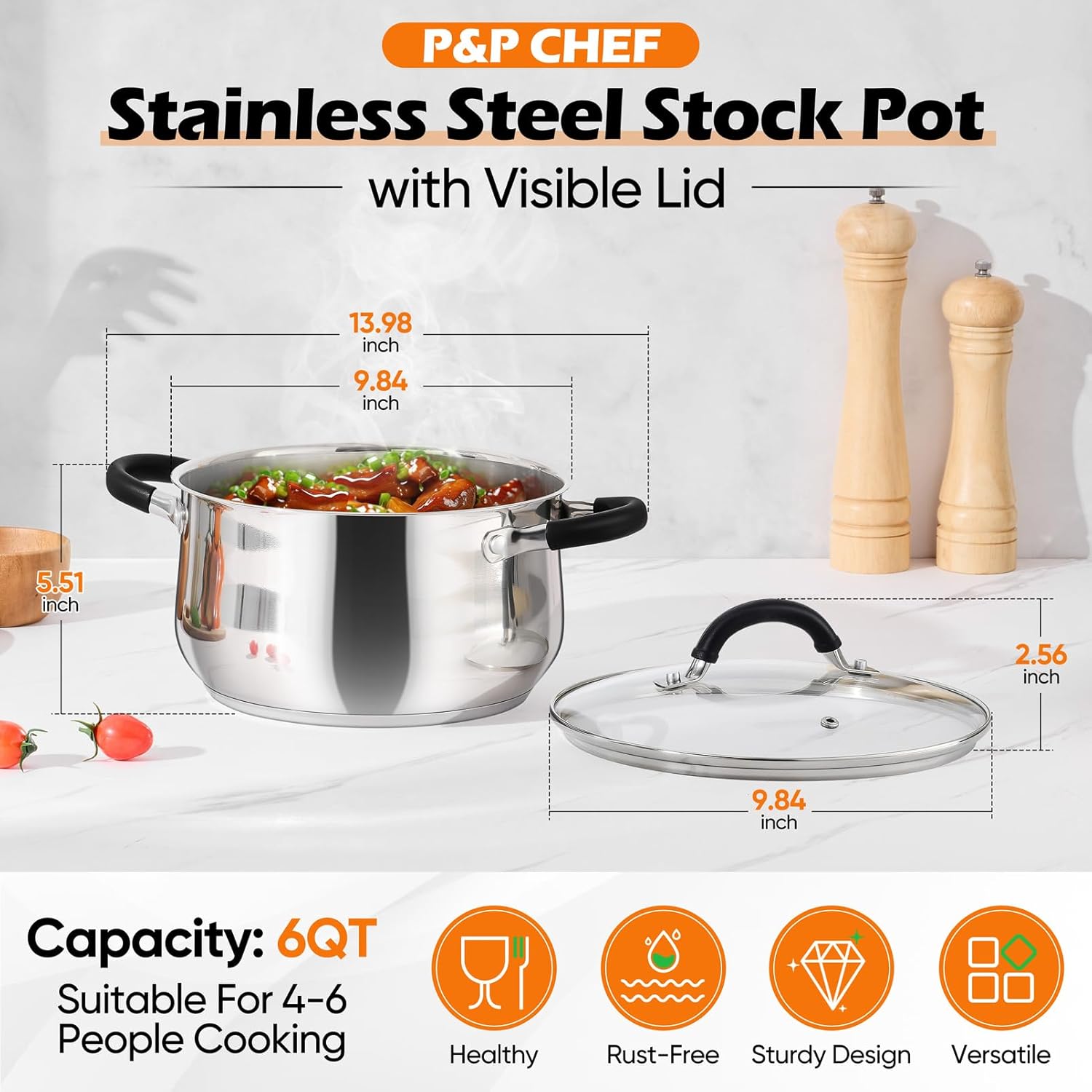 P&P CHEF Stainless Steel Stock Pot, 6 Qt Cooking Soup Pot with Visible Lid for Pasta, Tri-Ply Bottom & Dual Heatproof Handles, For Induction Gas All Stoves, Non-Toxic & Dishwasher Safe - Image 2