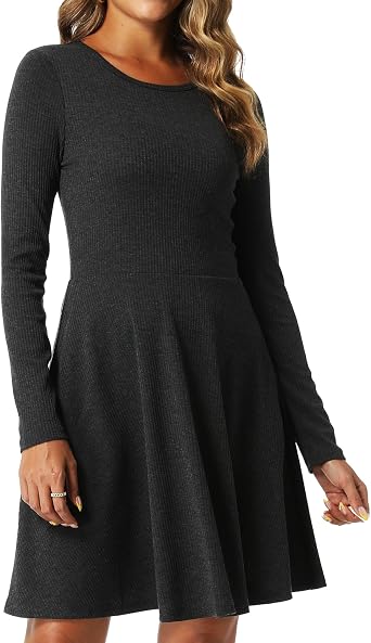 Chongbaijia Long Sleeve Dress for Women 2026 Fall Crewneck Ribbed Knit A Line Flowy Casual Elegant Going Out Dresses