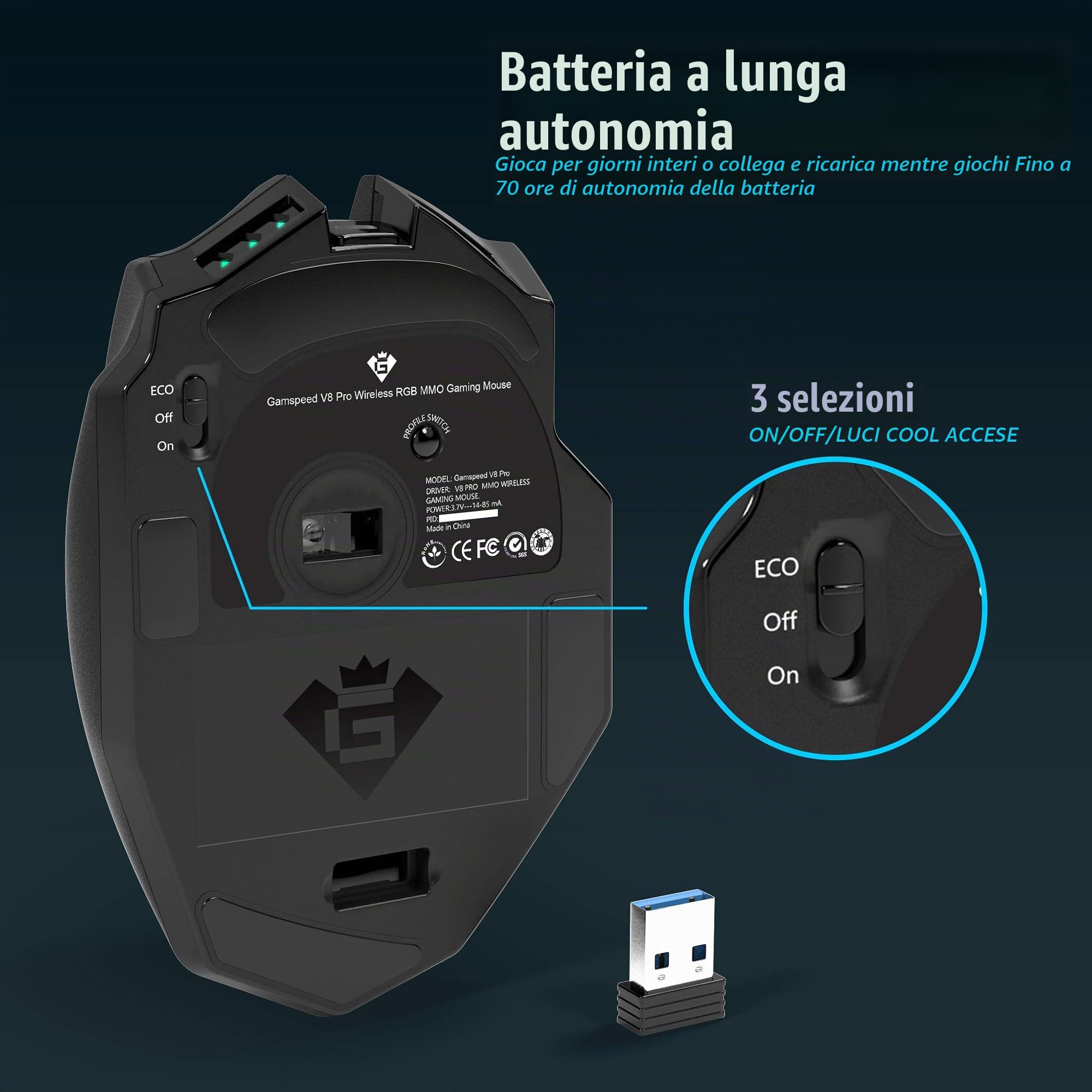 Mouse da gioco wireless senza lag Gamspeed V8 Pro RGB MMO, sensore ottico da 16.000 DPI, tecnologia di trasmissione a 2,4 GHz, design ergonomico , illuminazione Chroma RGB, 16 pulsanti programmabili