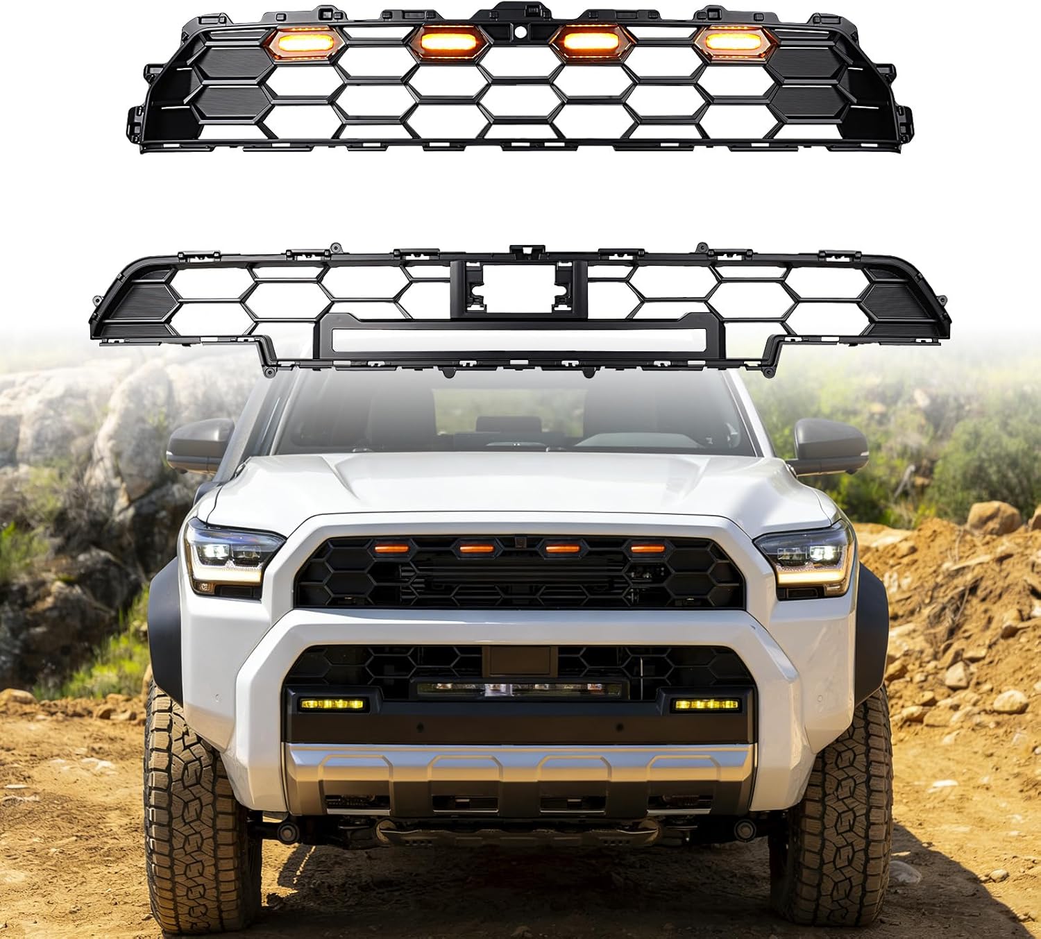 Astra Depot Matte Black Front Mesh Grille Honeycomb Upper Grill + Amber LED Grille Lights Signal + Letters For Toyota 4Runner (TO1210132, 2025-2026)