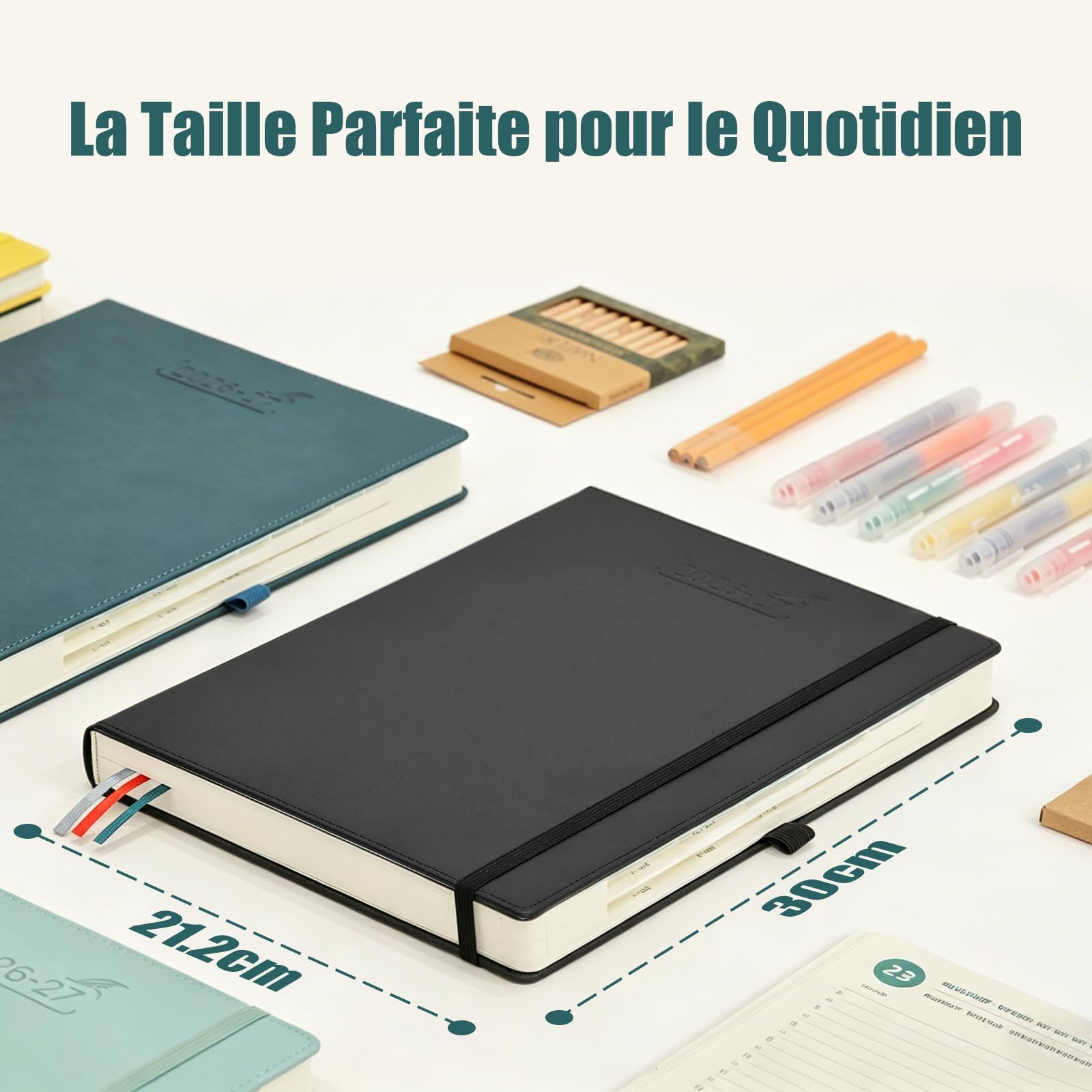 BEZEND Agenda 2026 2027 A4 Journalier 28 x 22 cm 12 Mois De Août. 2026 à Juil. 2027, Agenda Scolaire avec Intervalles de 30 Minutes, Porte-Stylo Fixe, Couverture Rigide en Cuir PU, Bleuet