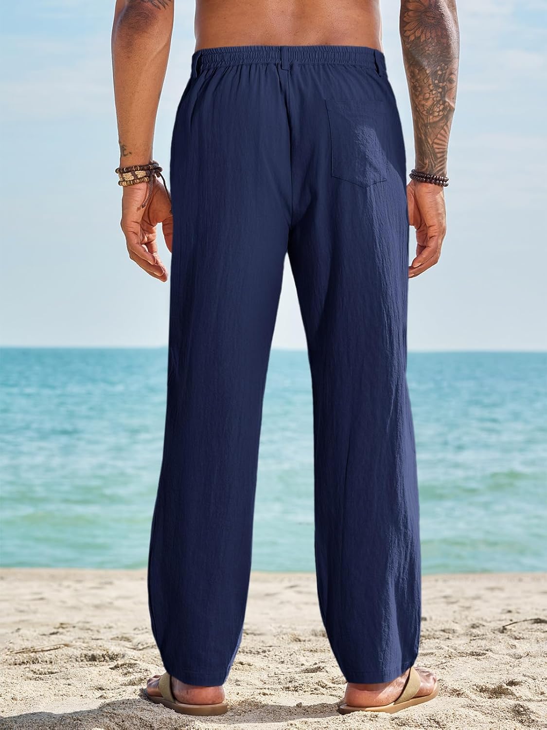 Runcati Mens Casual Pants Elastic Waist Drawstring Lightweight Pants Cotton Linen Summer Beach Yoga Trousers - Image 3