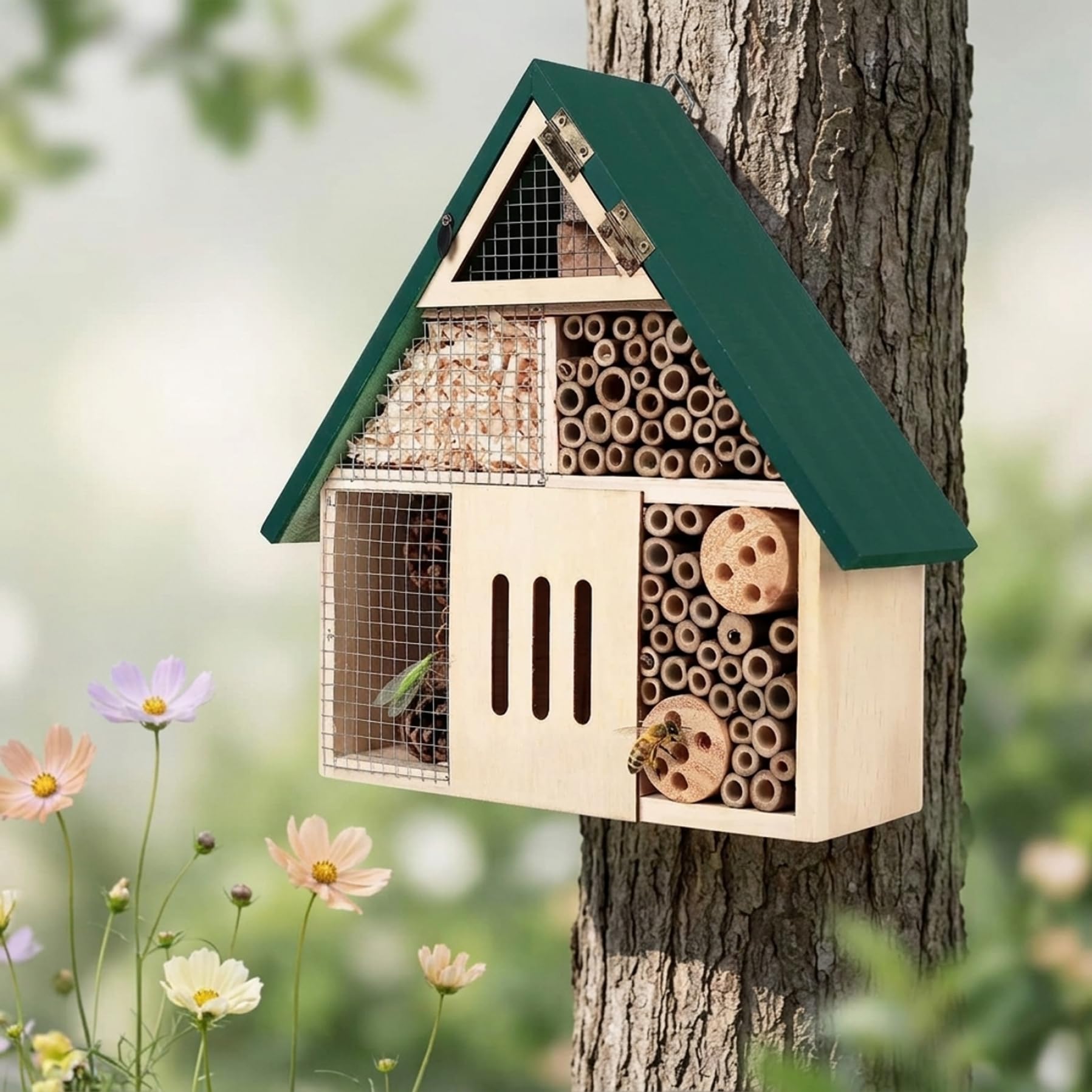 Casette per da giardino, Casetta per insetti in legno naturale con tetto verde, Habitat sospeso per muratrici, e insetti benefici, Decorazione da giardino per esterni Casetta per