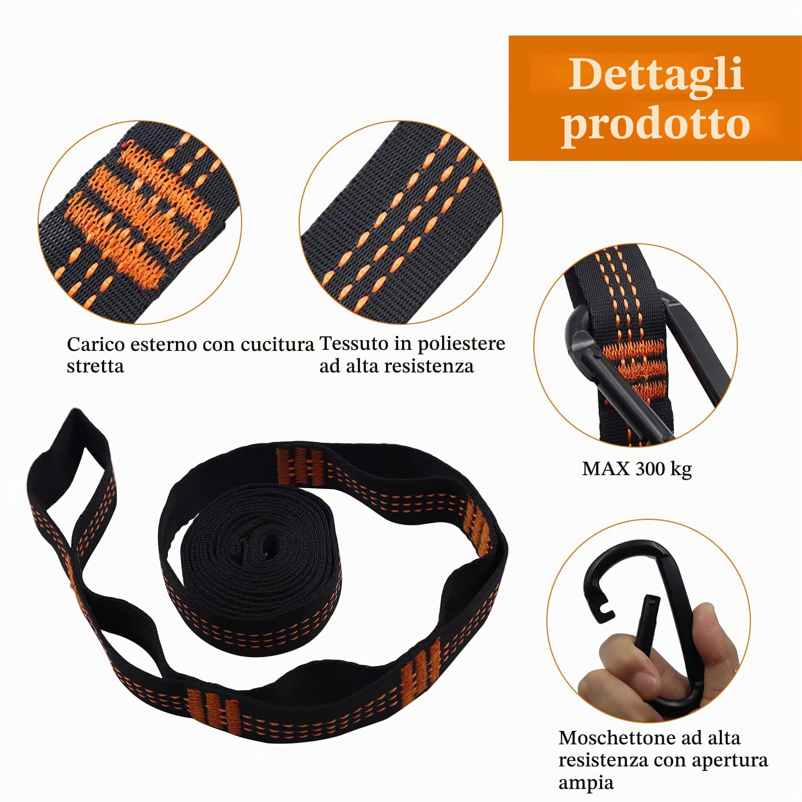 CONNECTION 2 Pezzi Cinghie per Amaca da Campeggio 2 m x 2.5 cm 300 kg con Moschettoni e Custodia