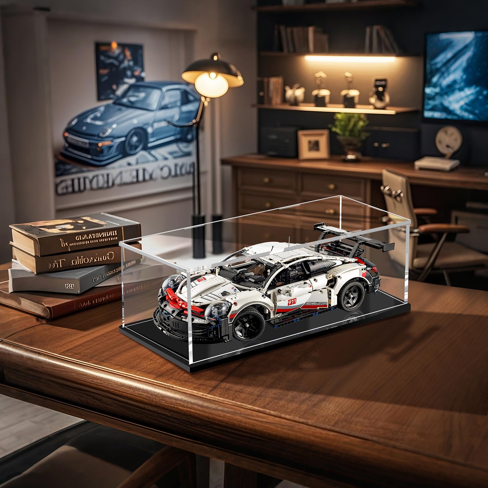 JUJOMAT Acryl Vitrine Schaukasten Transparente Staubdichte Box 55*25*18cm | Klare Display Case für Modelle Action-Figuren Spielzeug Sammlerstücke mit Schwarzer Basis; Handschuhe Putztuch