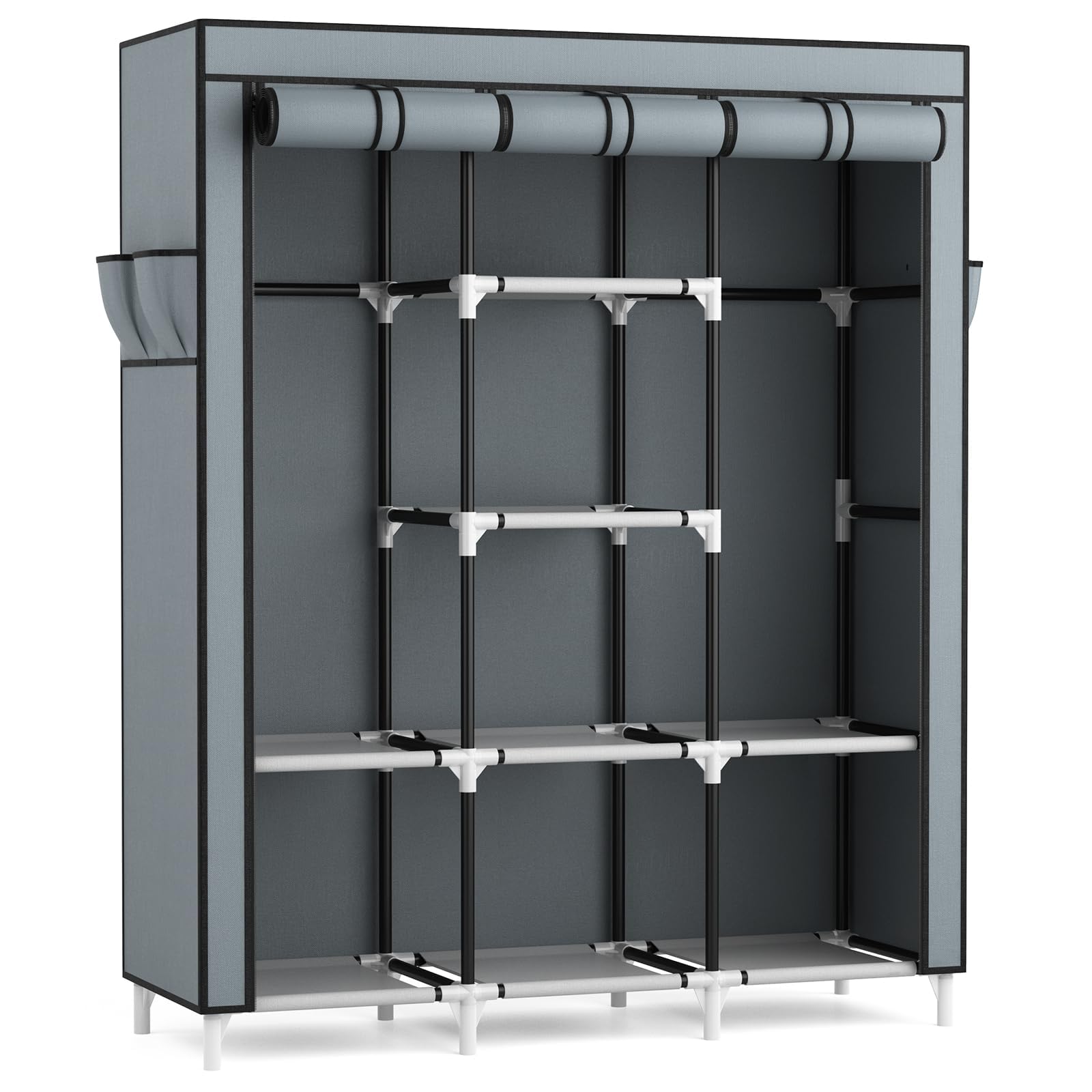 Vicye Armario de Tela para Ropa Plegable, Organizador Ropero con 2 Barra para Colgar, 8 Estantes y 4 Bolsillos Laterales, Marcos Metálicos, Gran Capacidad (Gris 124 x 42 x 162 cm)