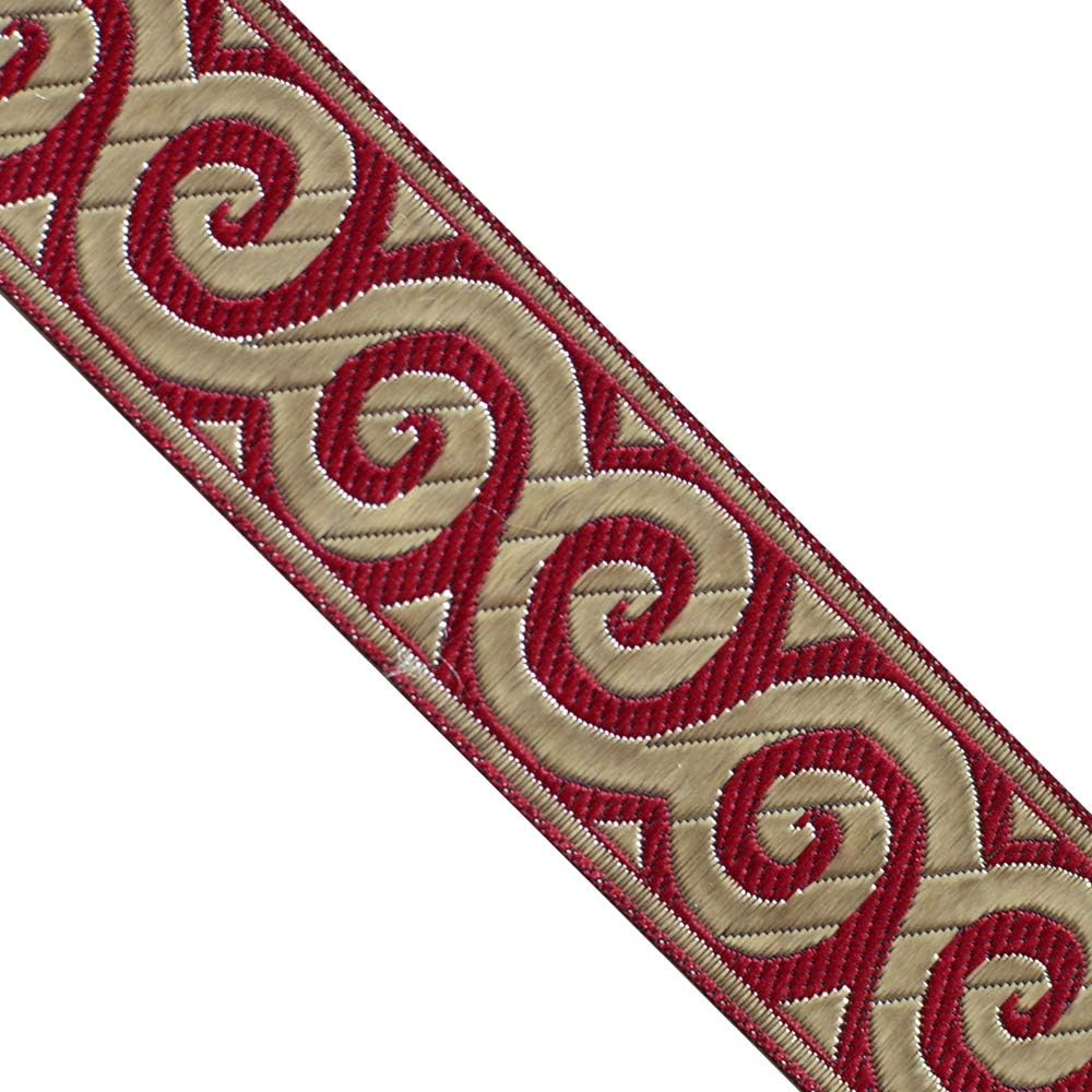 JL 359 Jacquard Metallic Gold Waves Burgundy Ribbon Trim 1-5/16 (33mm) 5 Yards DIY for Sewing Crafting Home Decor, Wedding, Gift Wrapping, Head Bands, Bag Straps