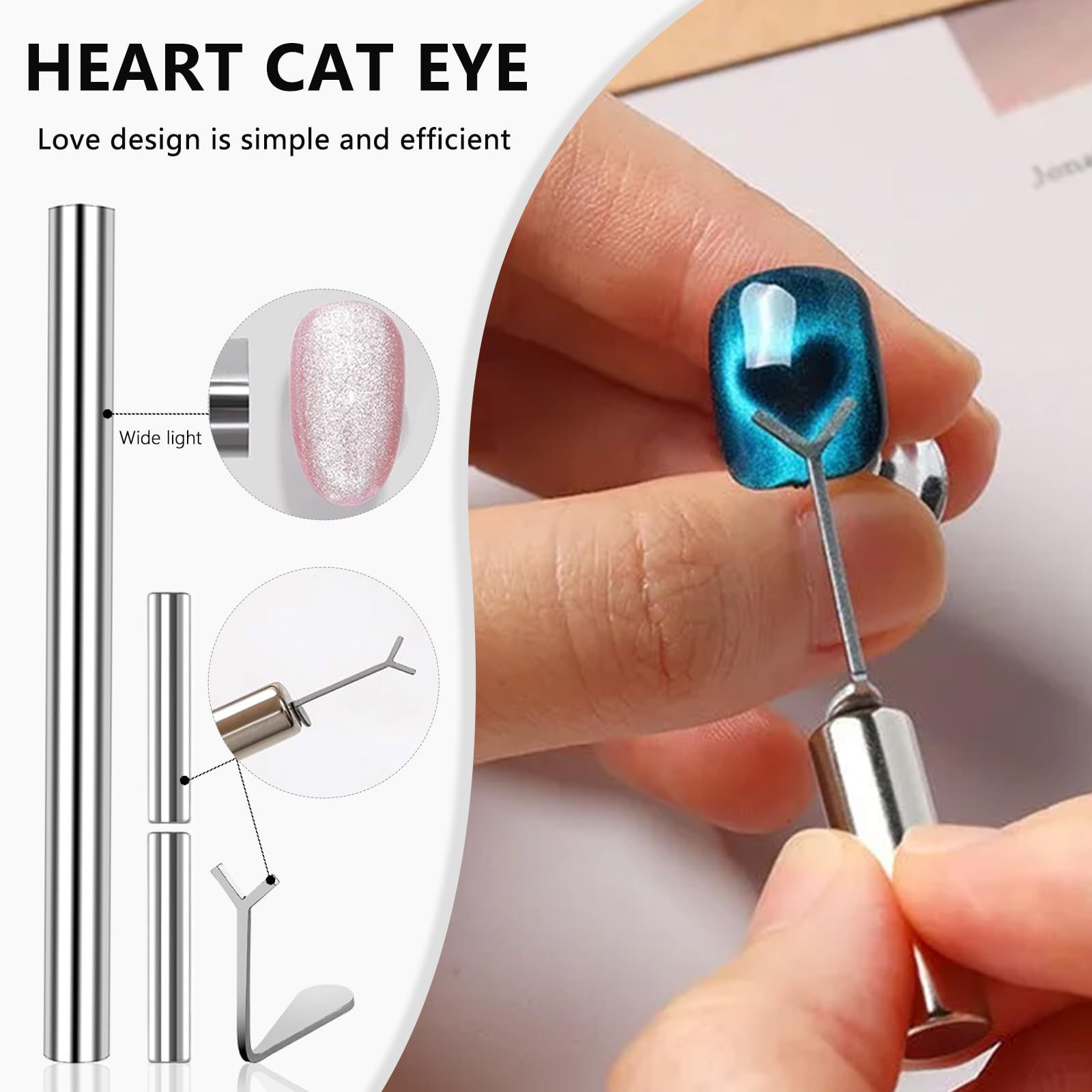 Lot de 46 aimants pour ongles œil de chat, aimants en forme de cœur pour ongles, bâton magnétique à double tête, perles magnétiques rondes, aimants en gel œil-de-chat pour femme